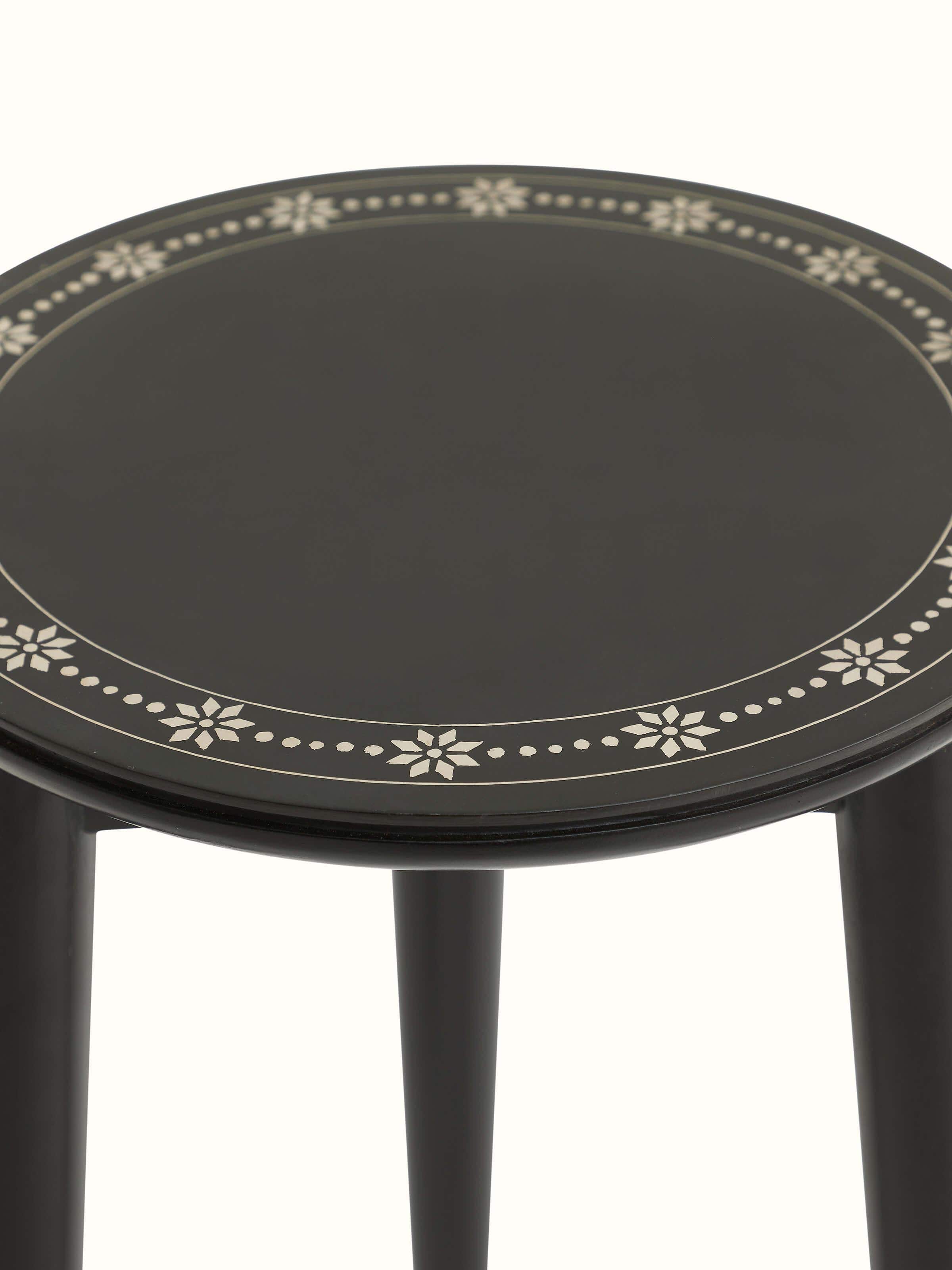 Side view of Swadesh Mango Wood Bidri Side Table with elegant design and fine craftsmanship