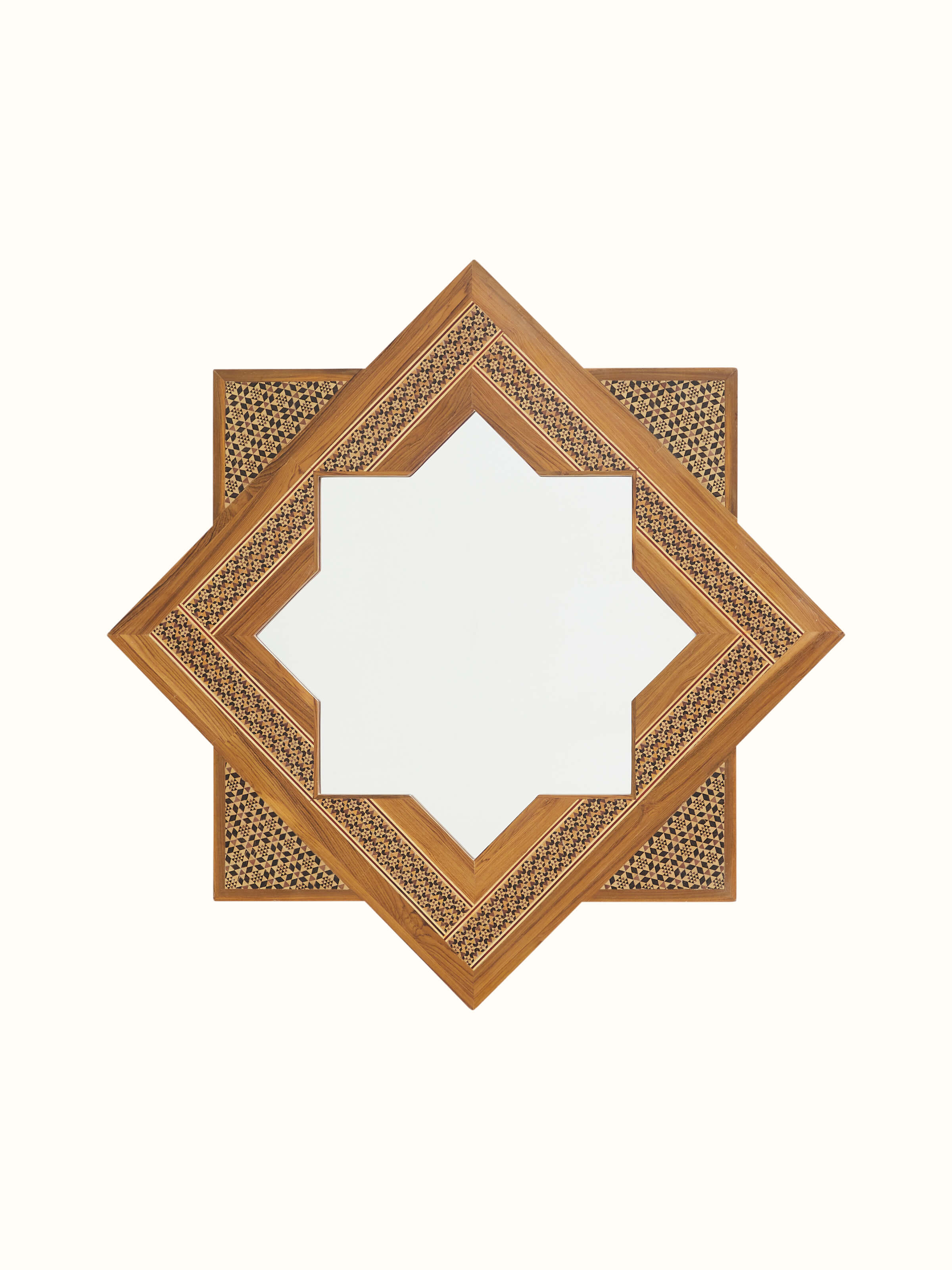Front view of the star-shaped teak wood marquetry wall mirror, highlighting its intricate marquetry work and star design.