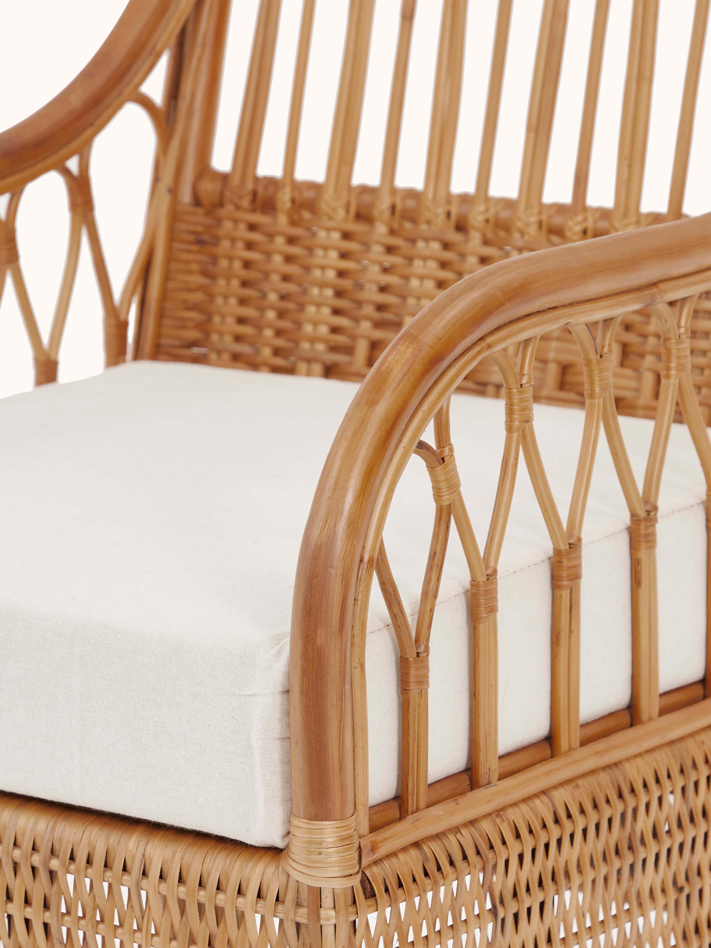 Rear view of the upholstered cane study chair, showing the supportive backrest and the craftsmanship of the cane work.