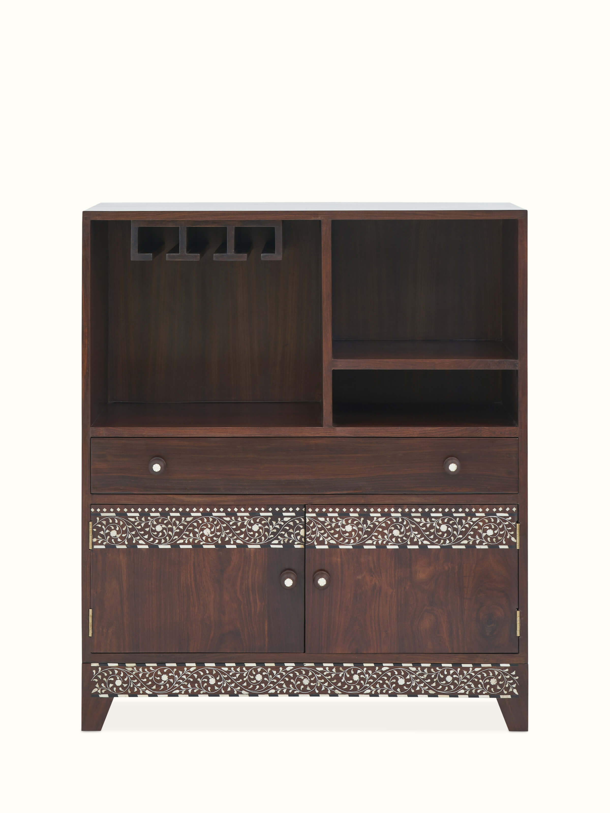 Sheesham wood bar cabinet with bone inlay detailing, showcasing the front view and intricate patterns