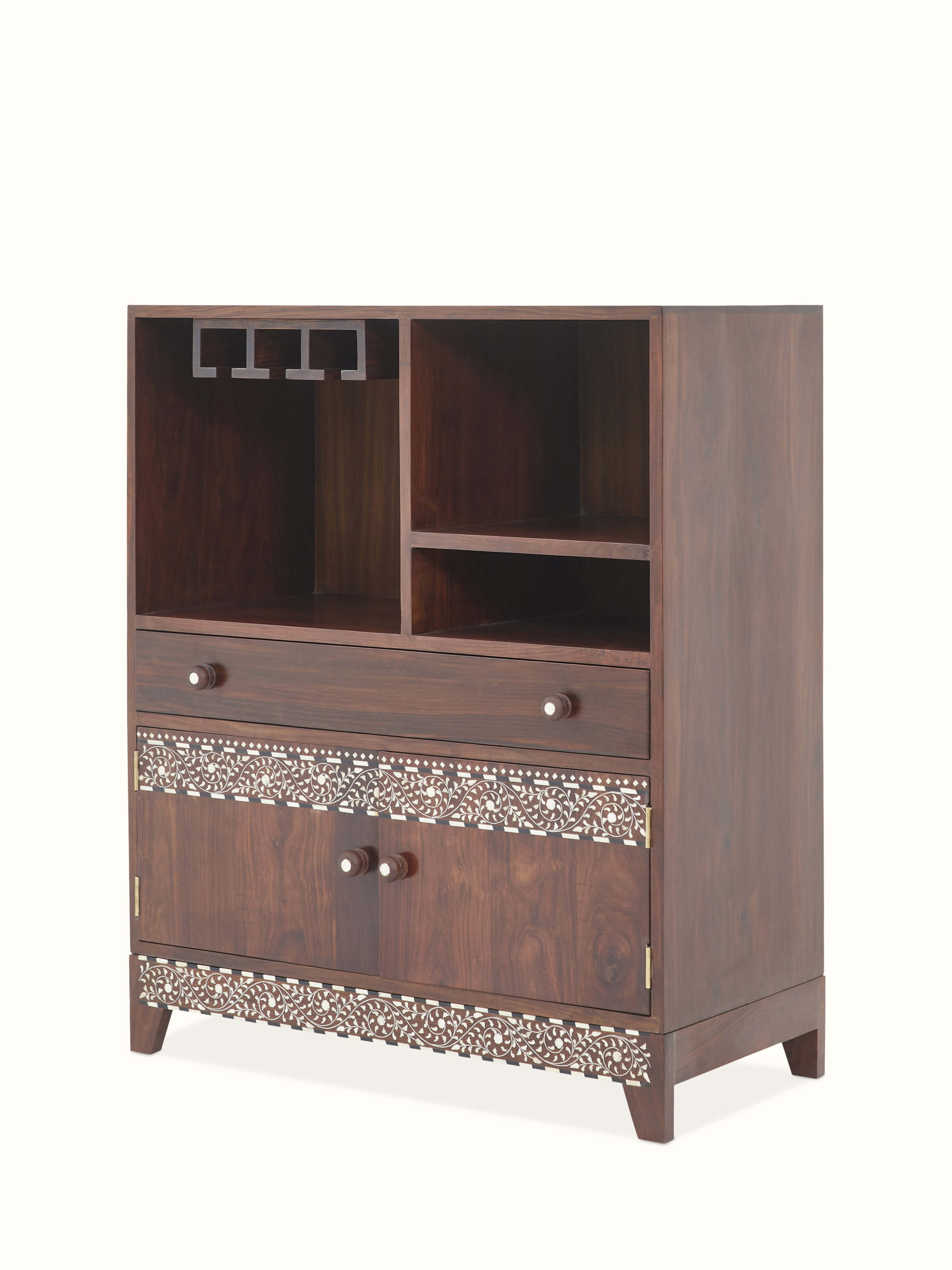 Angled view of the Sheesham wood and bone inlaid bar cabinet, highlighting the design and craftsmanship