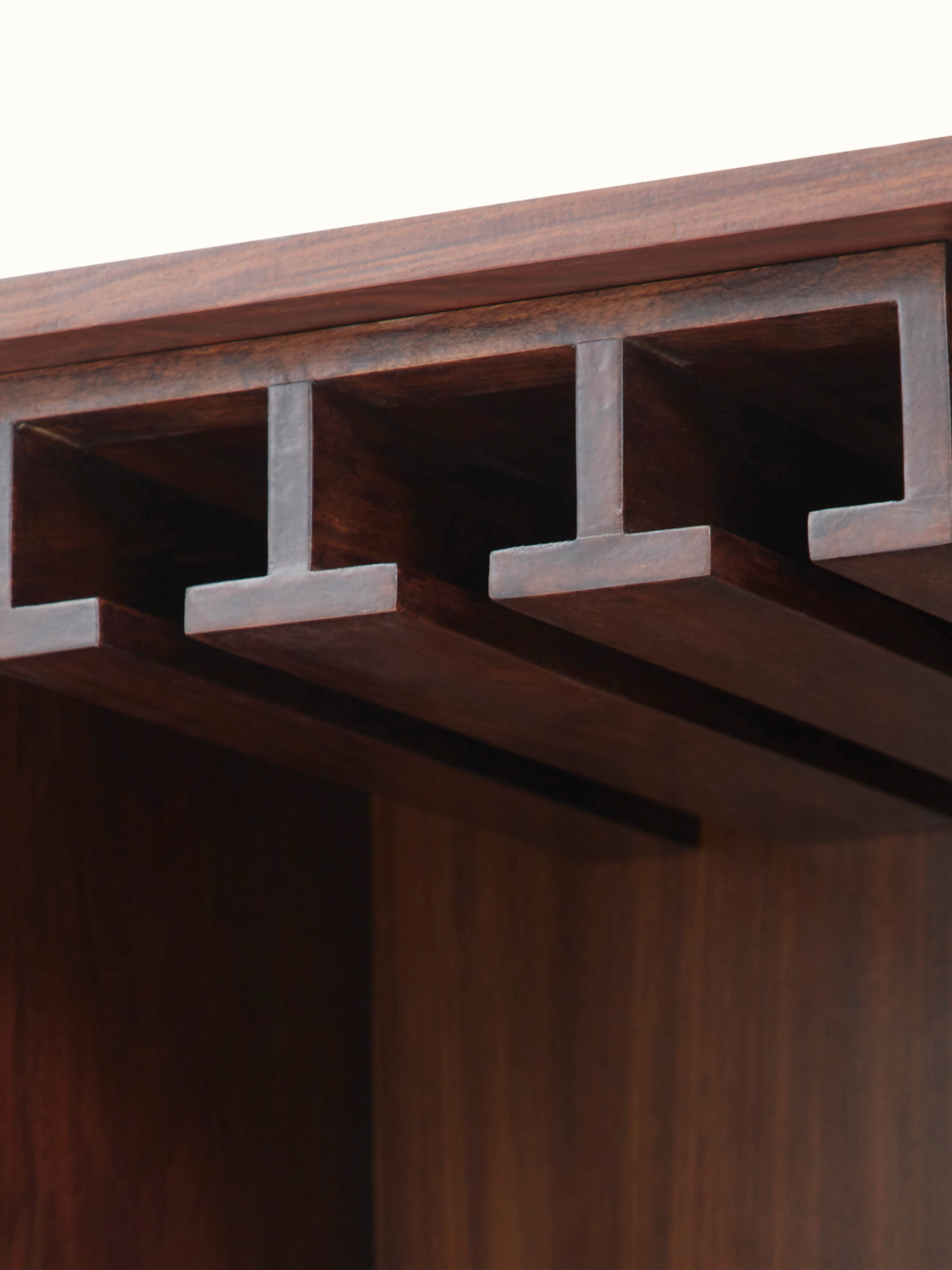 Side profile of the Sheesham wood bar cabinet with elegant bone inlay, showcasing the smooth finish and craftsmanship