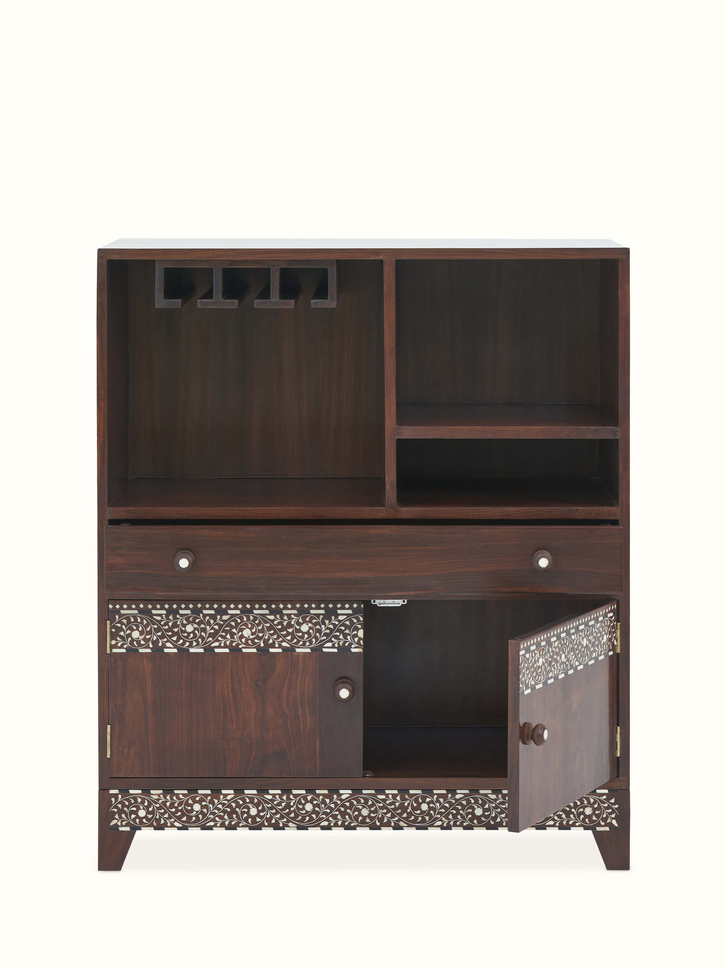 Overhead view of the Sheesham wood bar cabinet with intricate bone inlay, highlighting the detailed craftsmanship