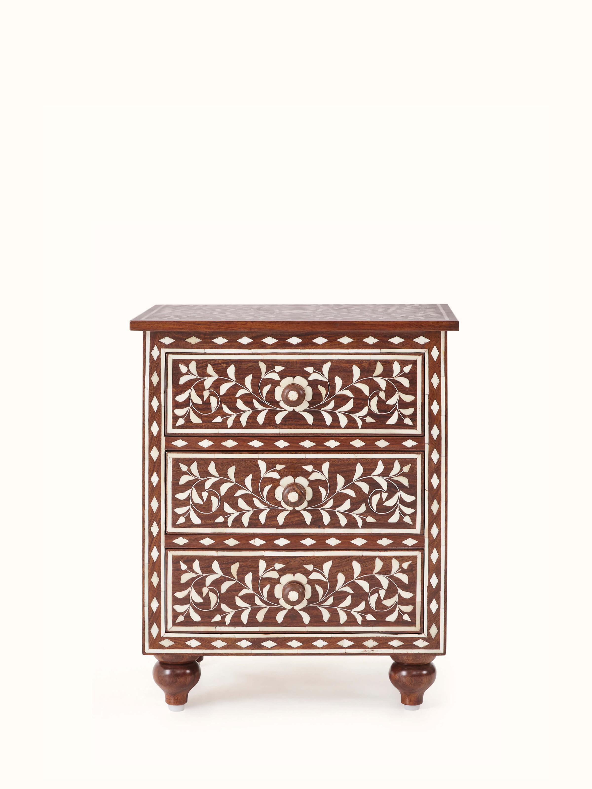 Front view of Sheesham wood bone inlay bedside table, showcasing intricate bone inlay design