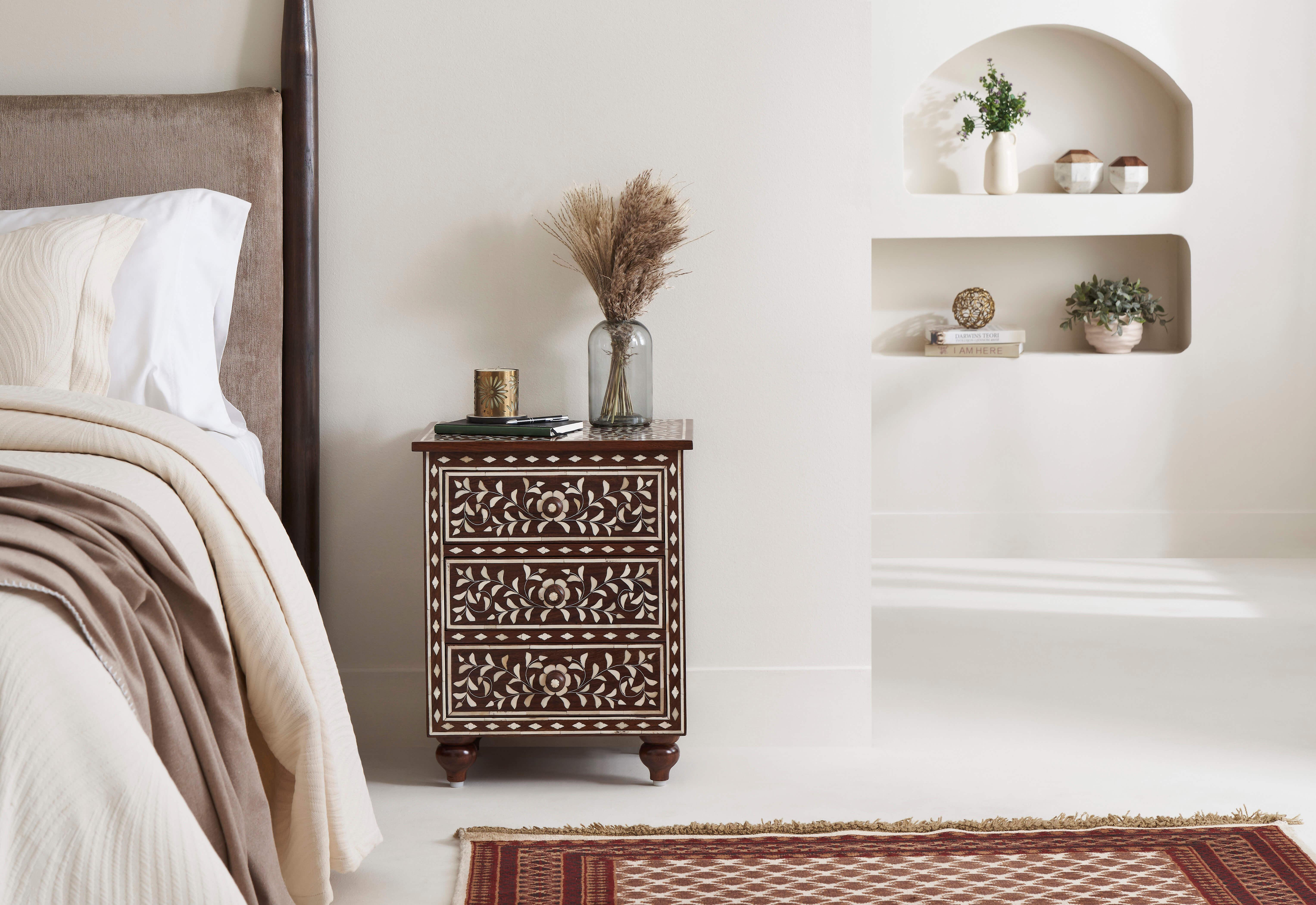 Side view of Sheesham wood bone inlay bedside table, highlighting the craftsmanship and detailed patterns