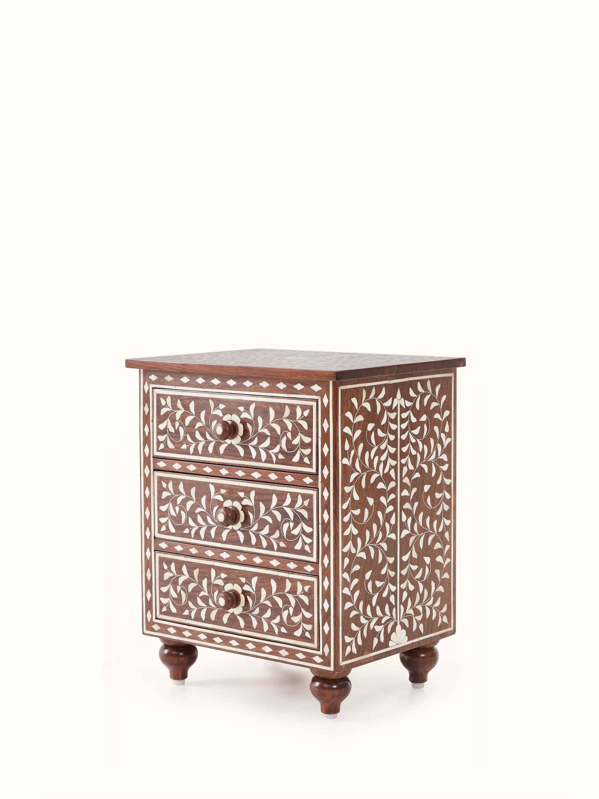 Angled view of Sheesham wood bone inlay bedside table, emphasizing the rich wood texture and inlay work