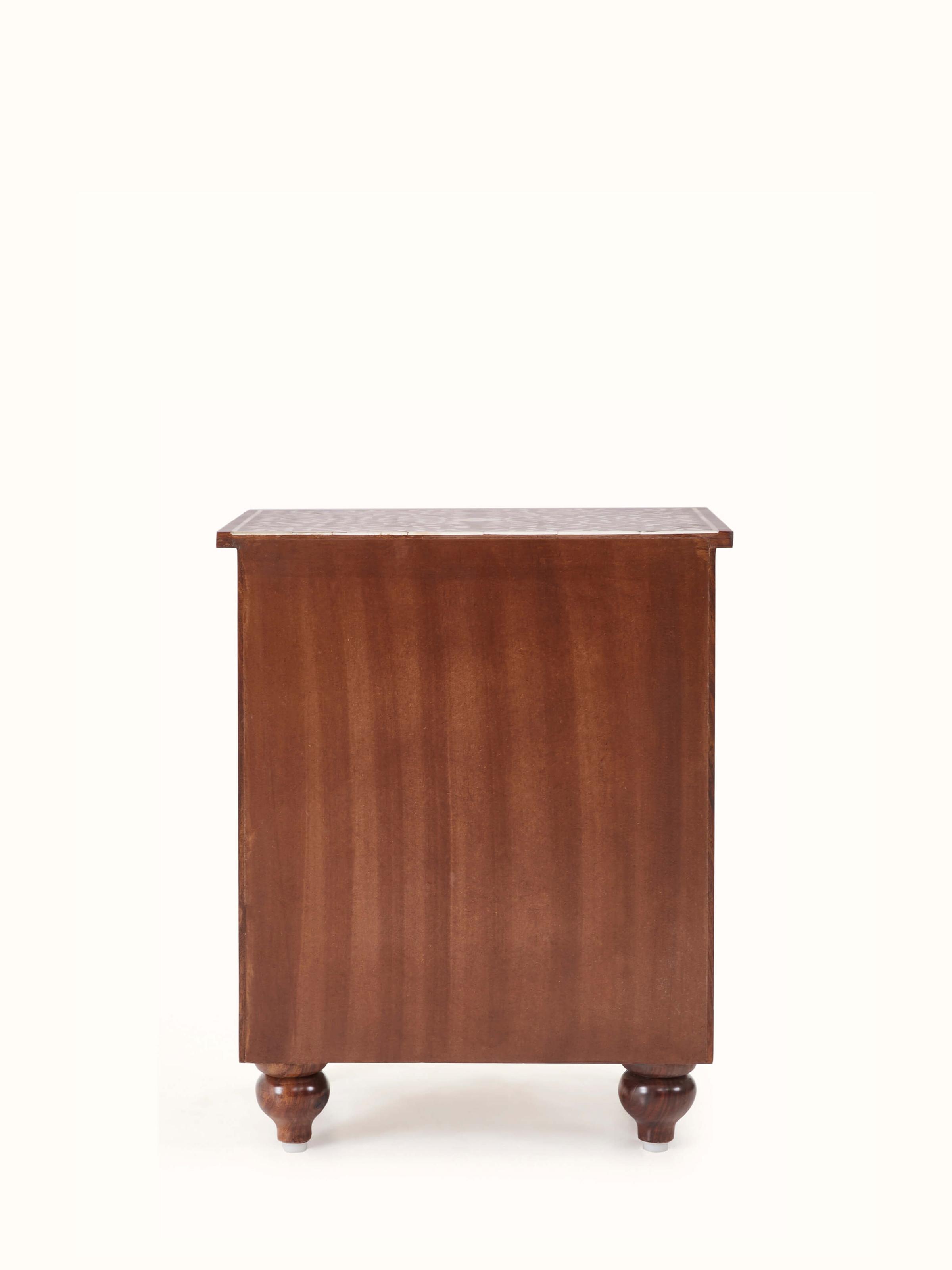 Back view of Sheesham wood bone inlay bedside table, showing the seamless wood finish