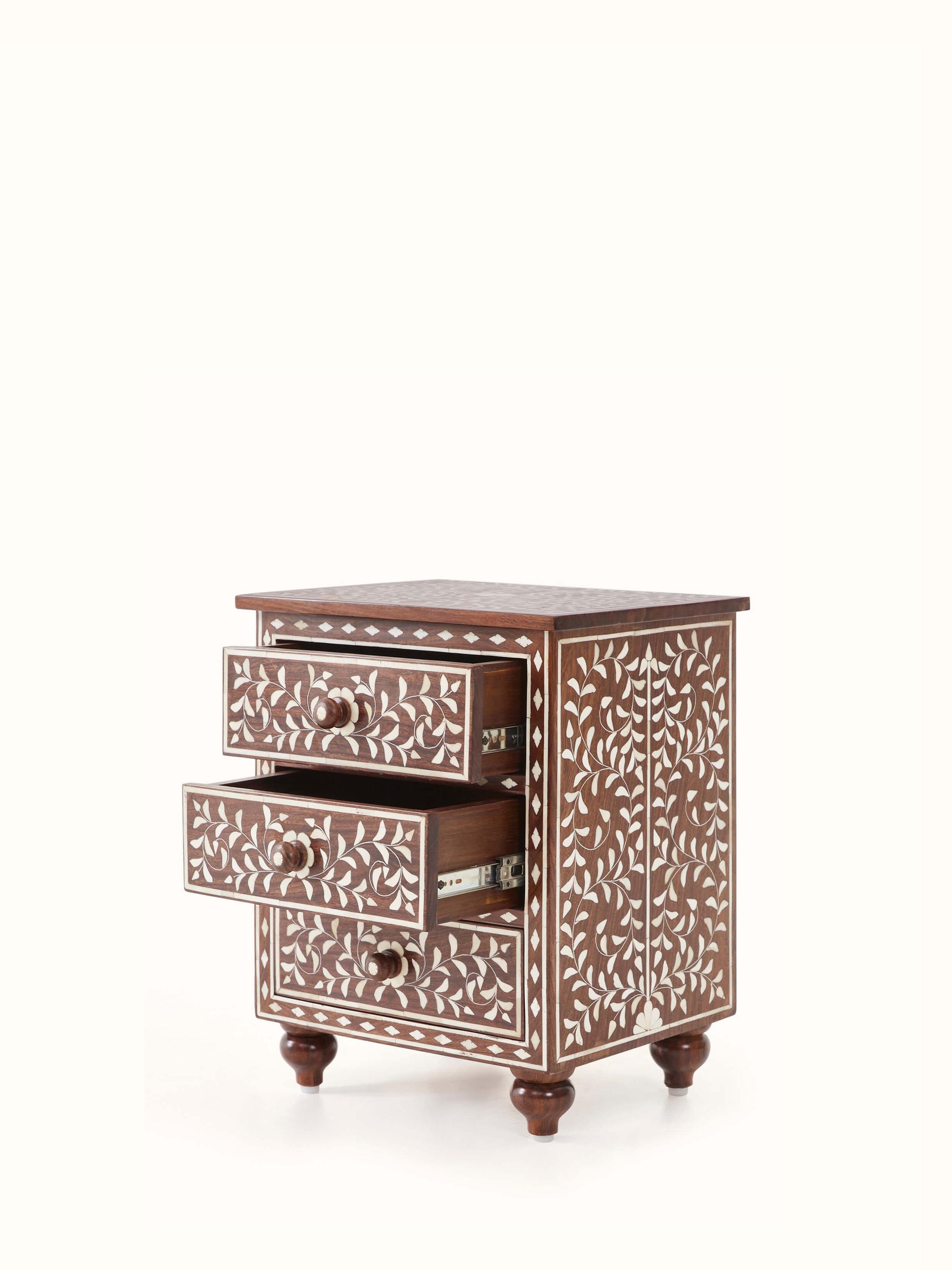 Overhead view of Sheesham wood bone inlay bedside table, emphasizing the detailed surface design