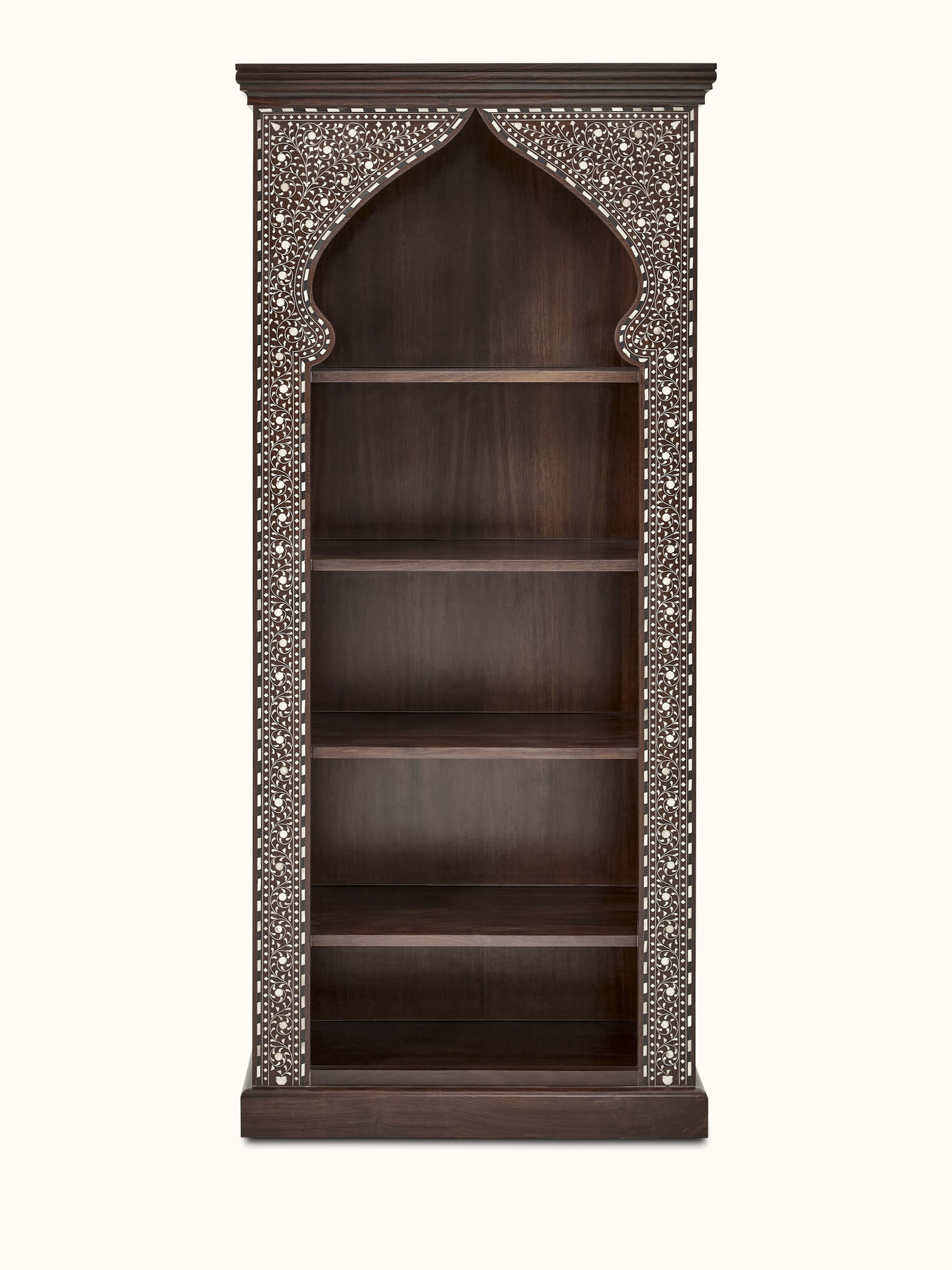Front view of the Sheesham wood bookshelf with intricate bone inlay designs.