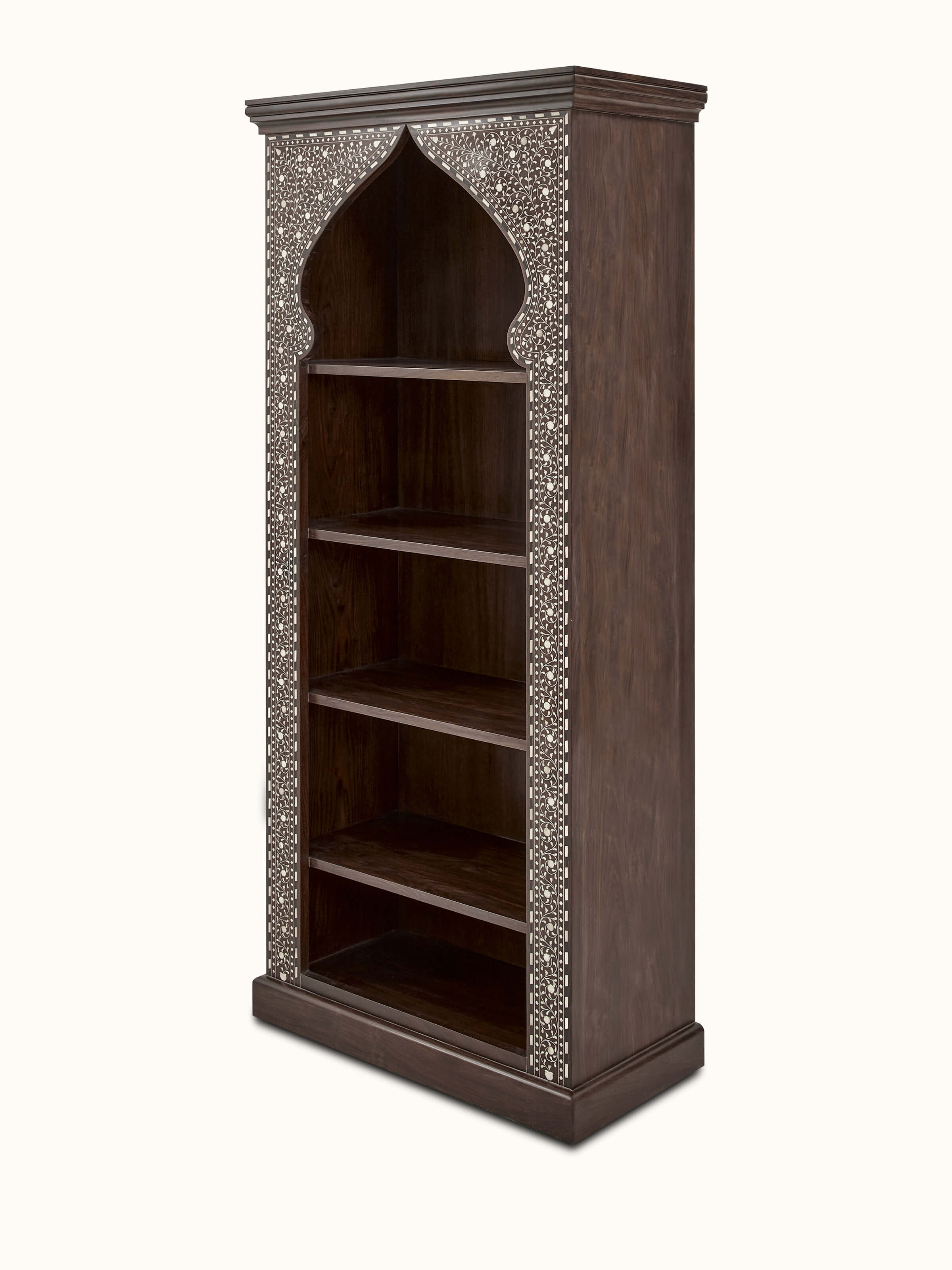 Side view of the Sheesham wood bookshelf highlighting the bone inlay pattern and structure.