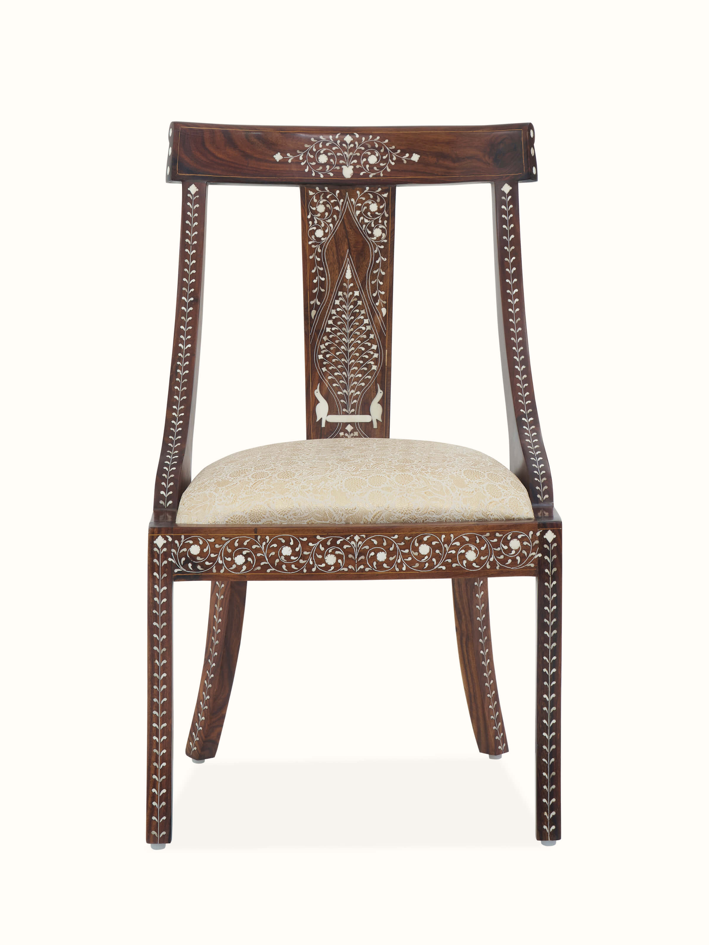 Front view of Upholstered Sheesham Wood Bone Inlay Dining Chair, showcasing its elegant design and intricate bone inlay work