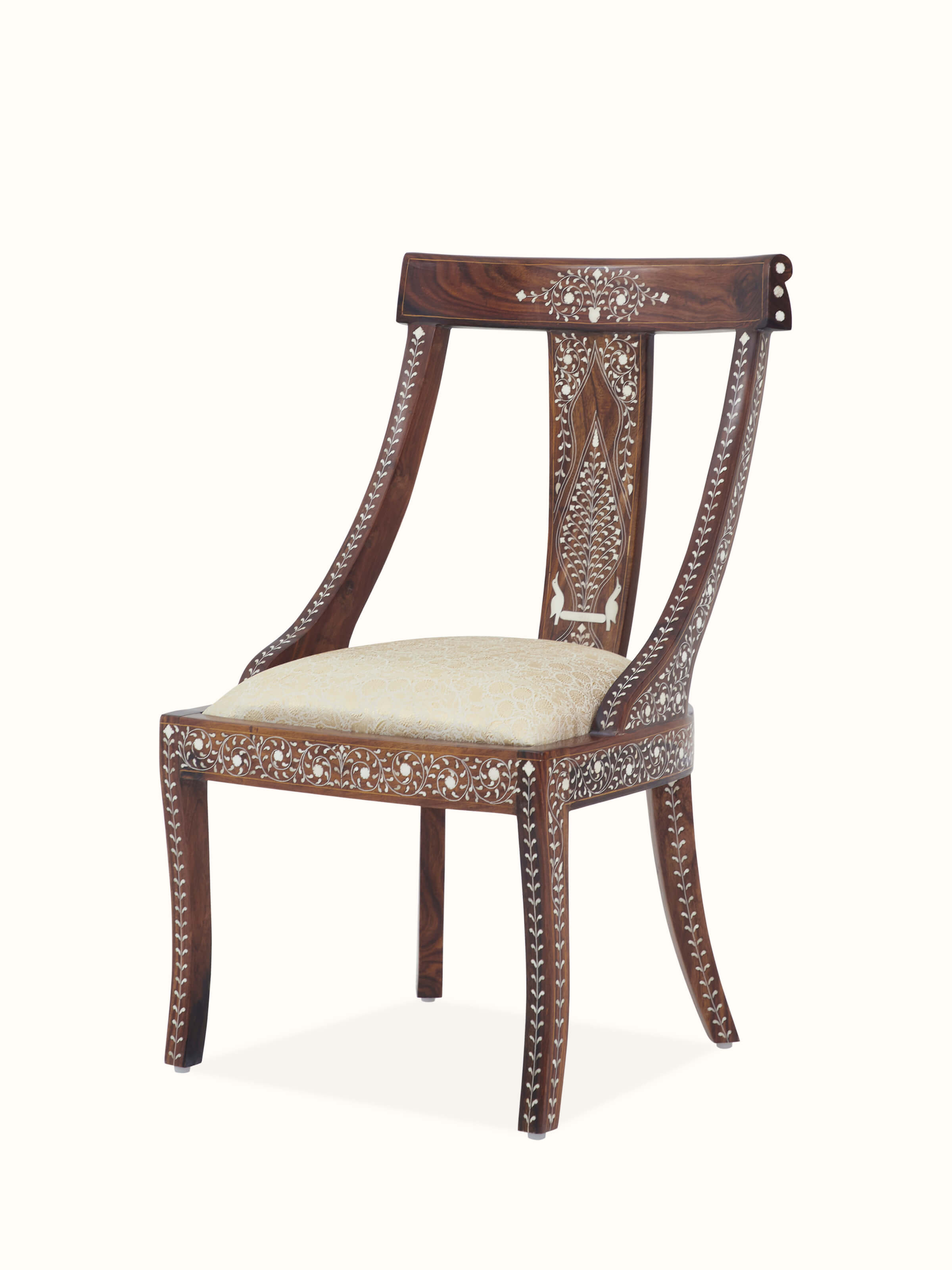 Angle view of Upholstered Sheesham Wood Bone Inlay Dining Chair, emphasizing the luxurious design and bone inlay details