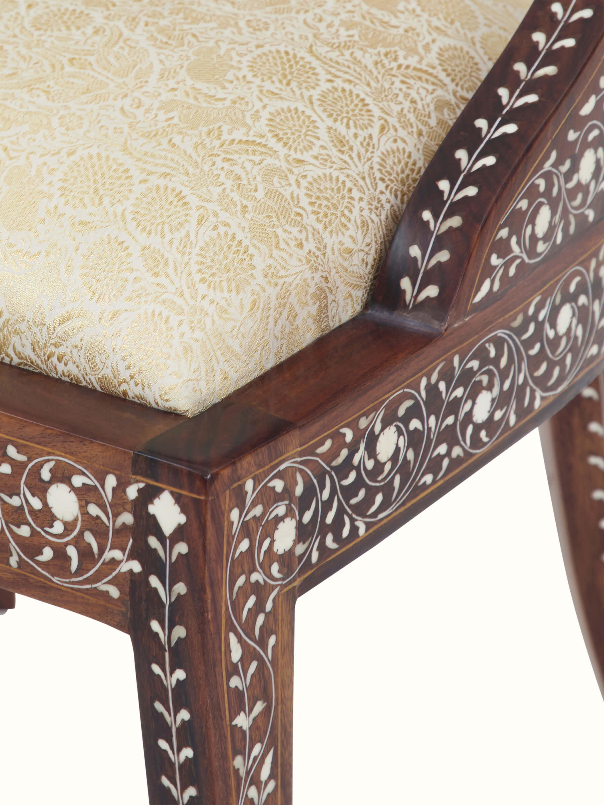 Close-up of Upholstered Sheesham Wood Bone Inlay Dining Chair, showing the fine bone inlay patterns and high-quality upholstery