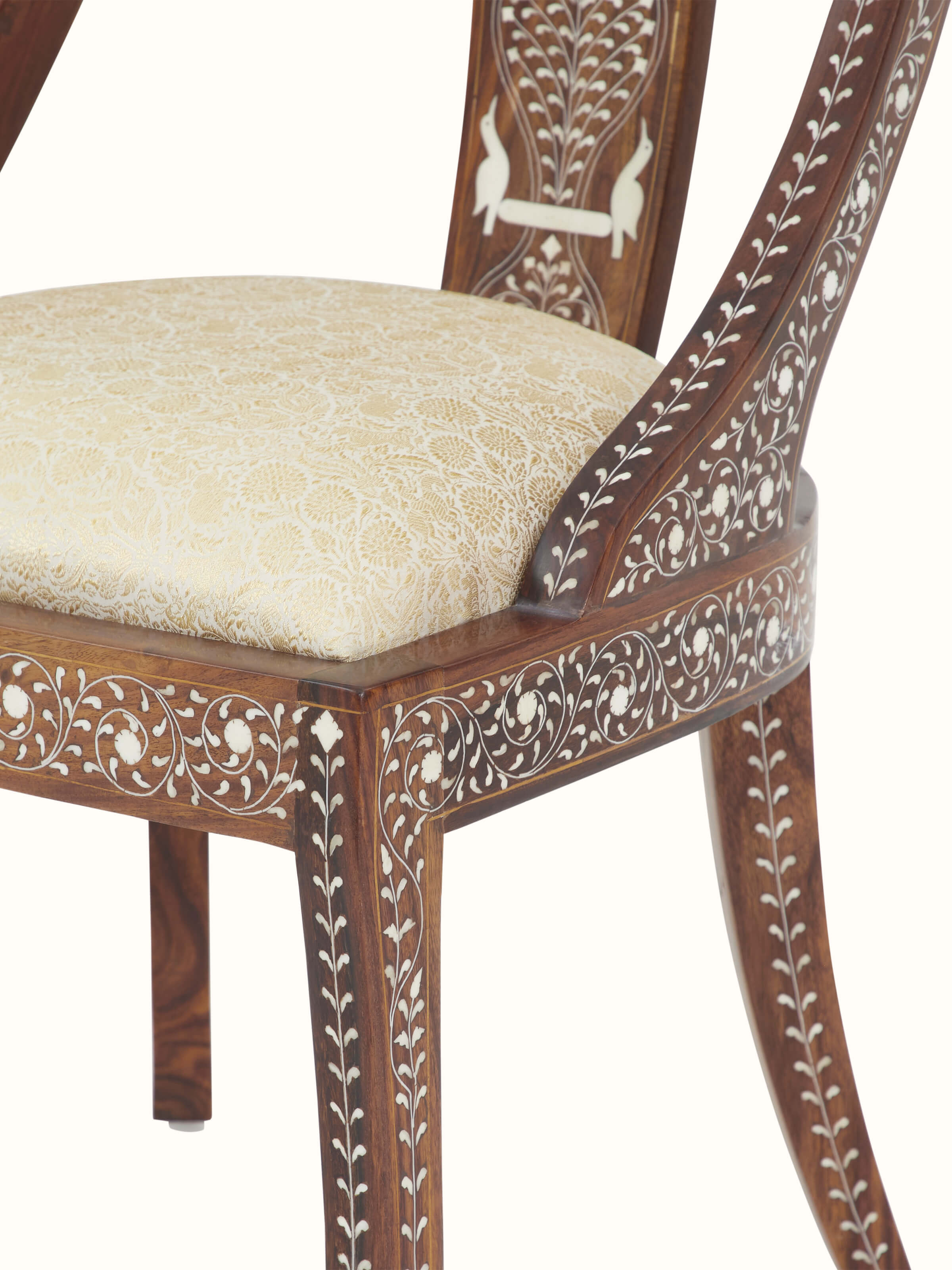 Detailed view of Upholstered Sheesham Wood Bone Inlay Dining Chair, focusing on the craftsmanship and upholstery texture
