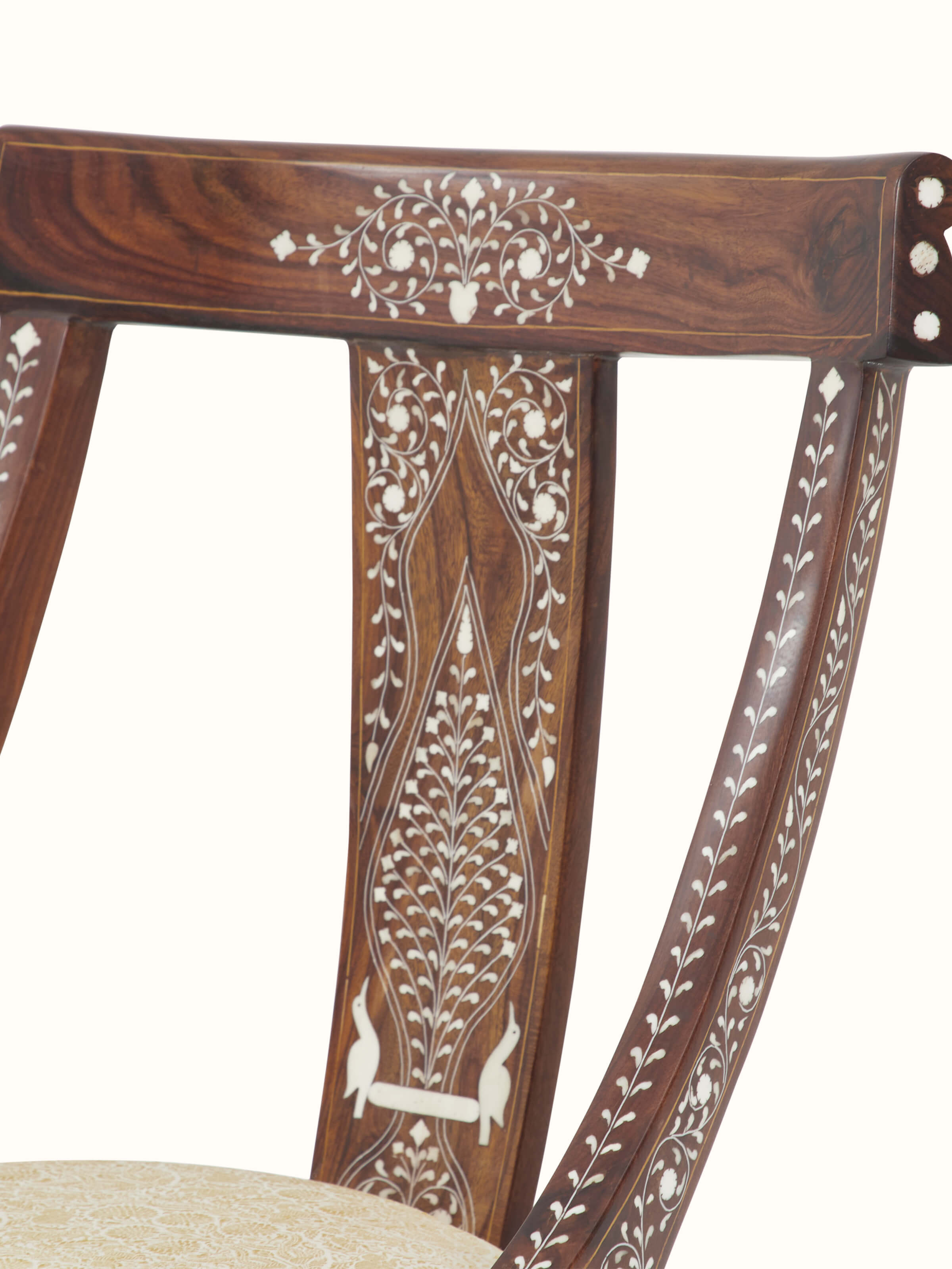 Back view of Upholstered Sheesham Wood Bone Inlay Dining Chair, showcasing the design and inlay work