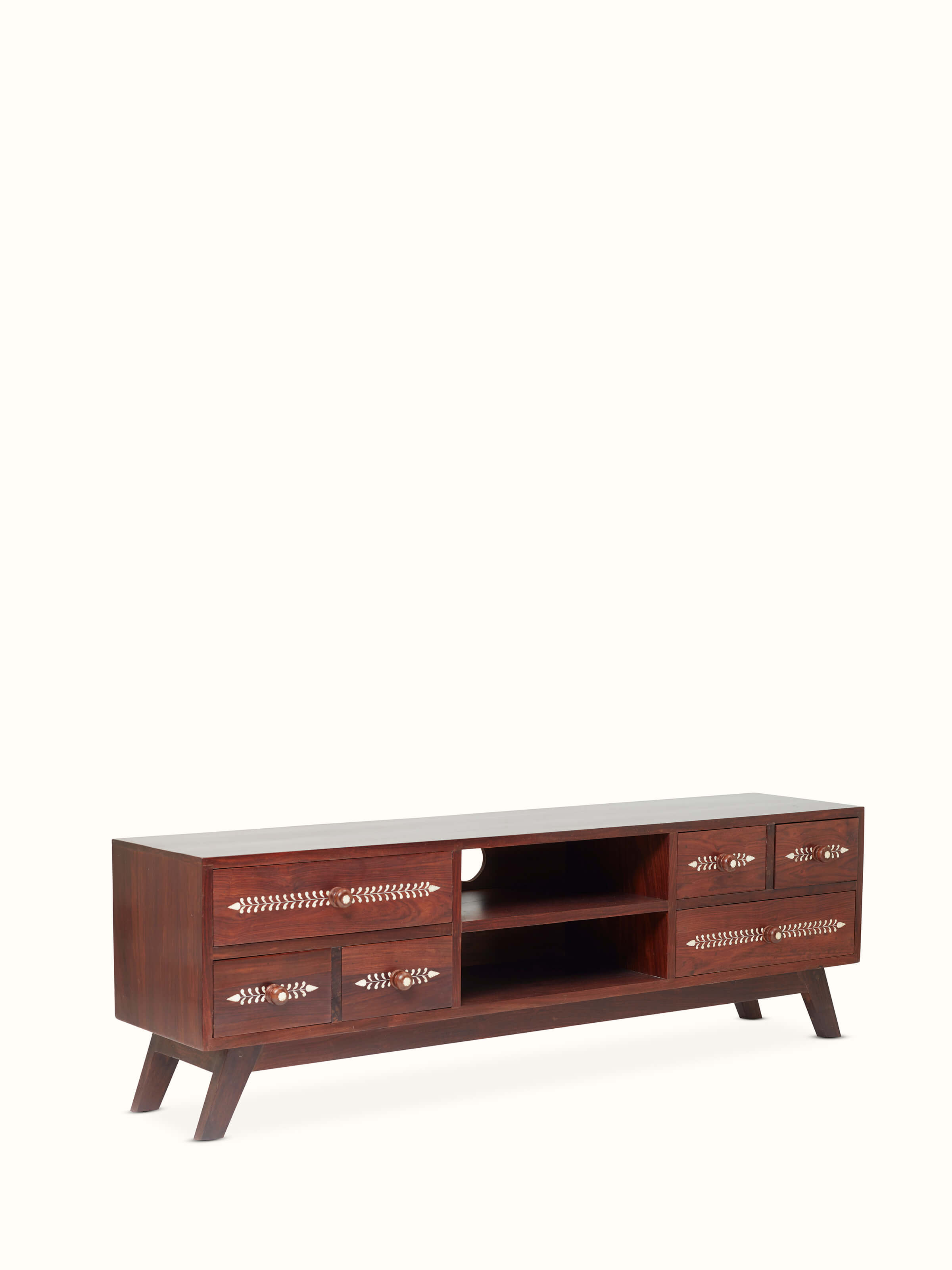 Side angle of the Sheesham wood entertainment unit with bone inlay detailing, showcasing its elegant pattern and storage compartments.