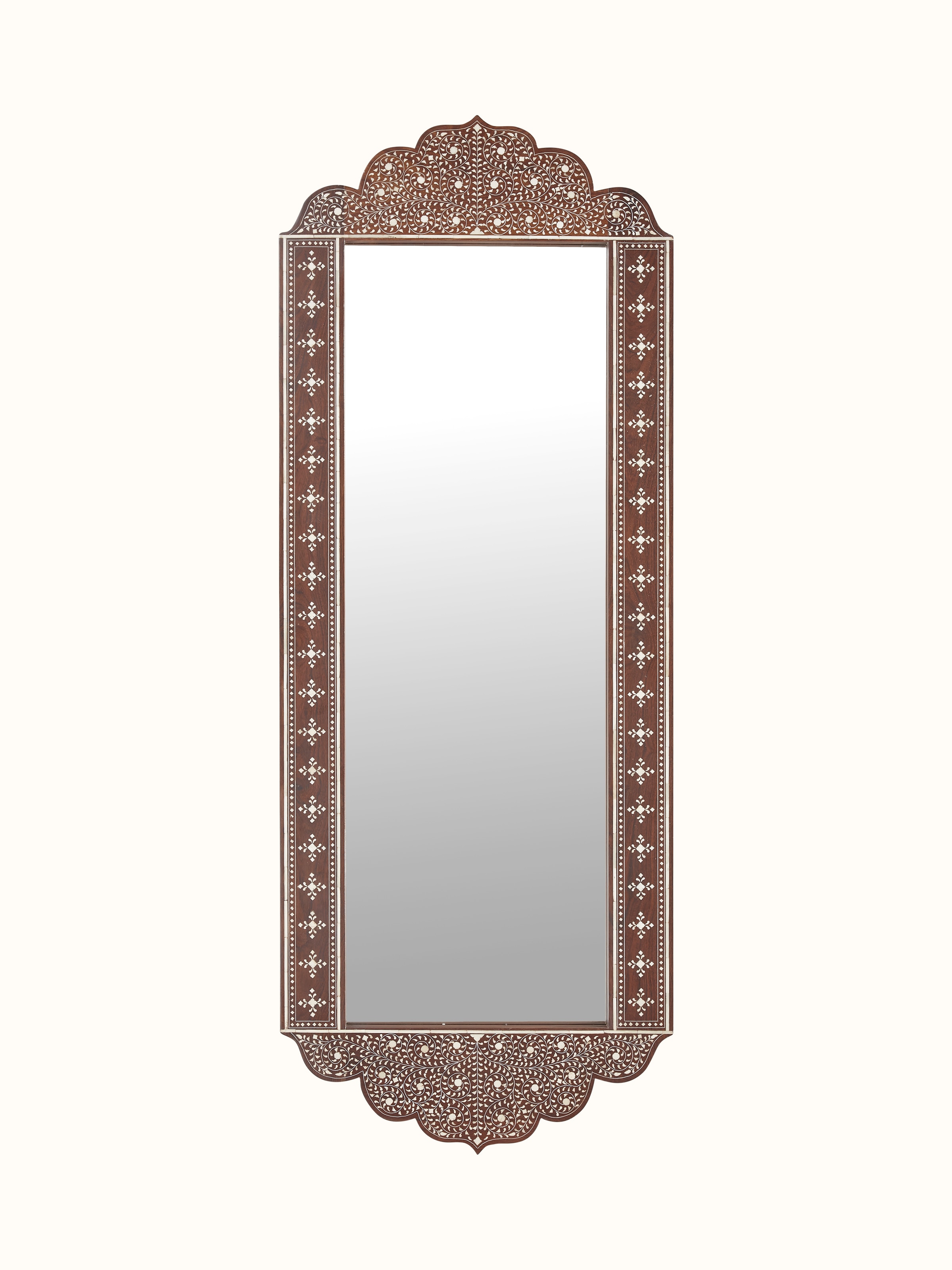 Full-length view of Sheesham Wood Mirror with Bone Inlay, showcasing the ornate frame and elegant design