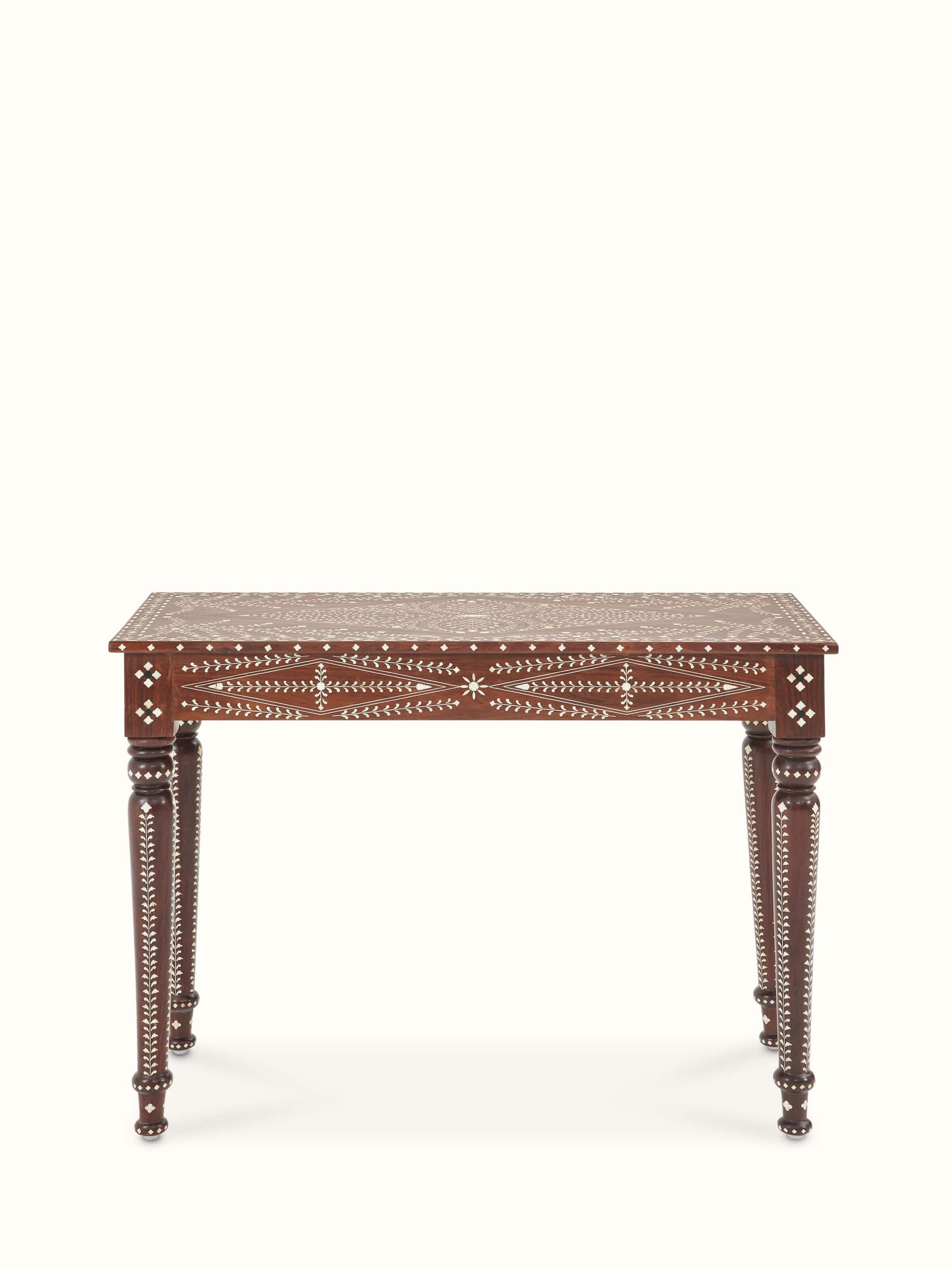 Top view of bone inlaid sheesham wood study table, showcasing the smooth tabletop and inlay design.