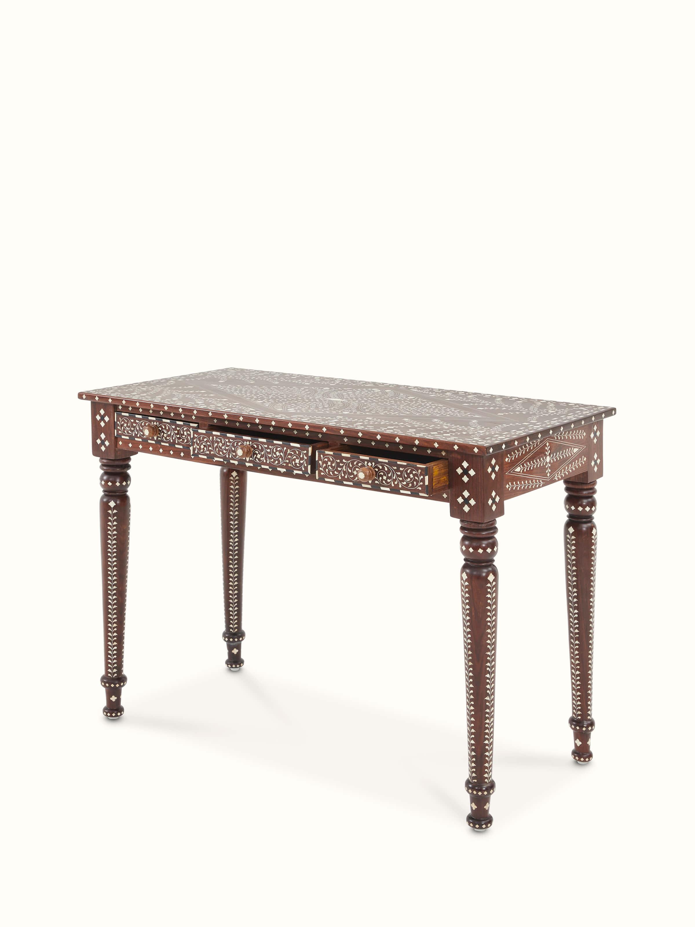 Overhead view of bone inlaid sheesham wood study table, emphasizing the overall design and detailed inlay work.