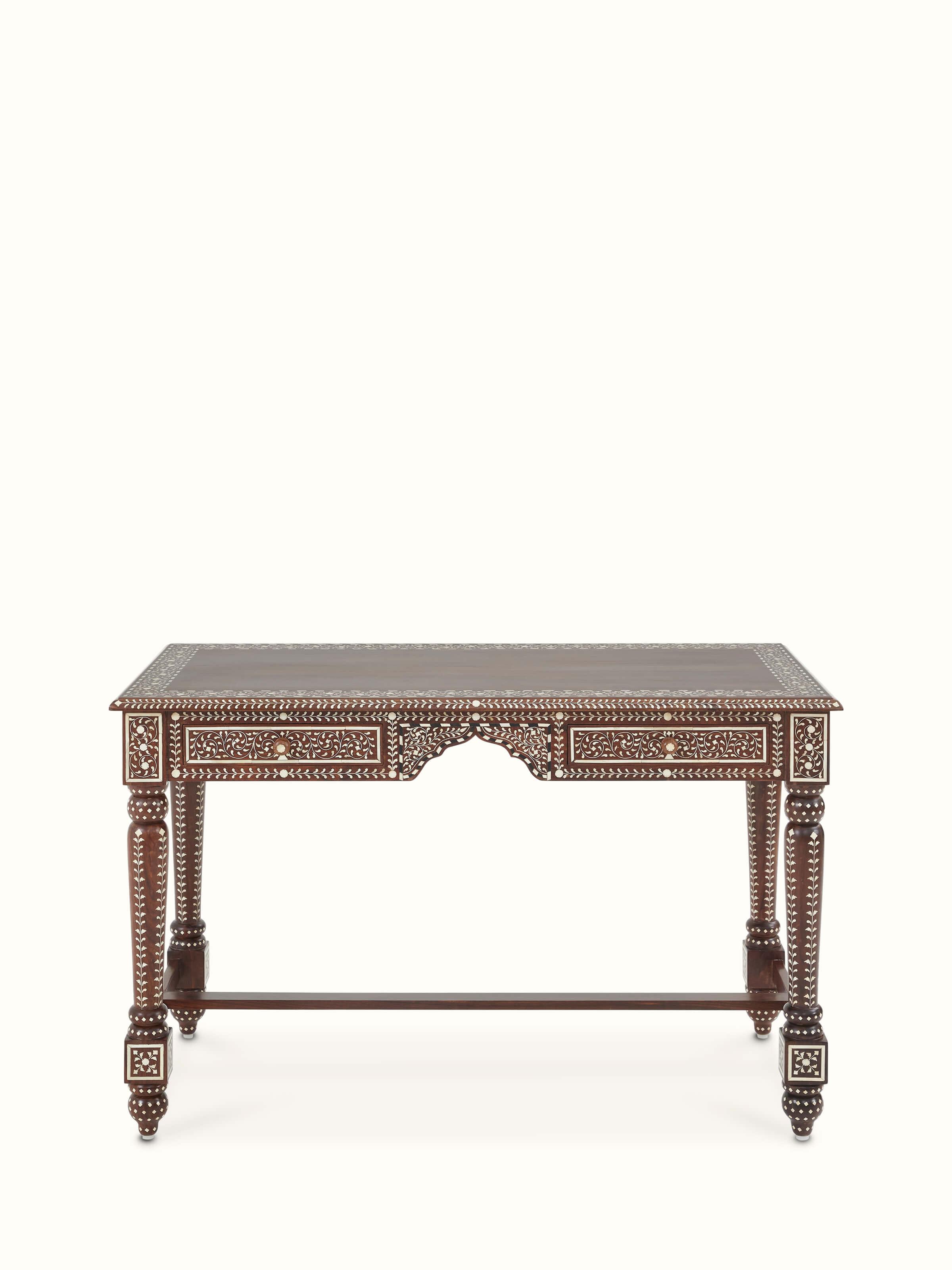 Front view of Swadesh Bone Inlay Sheesham Wood Study Table showcasing its intricate bone inlay design and two drawers
