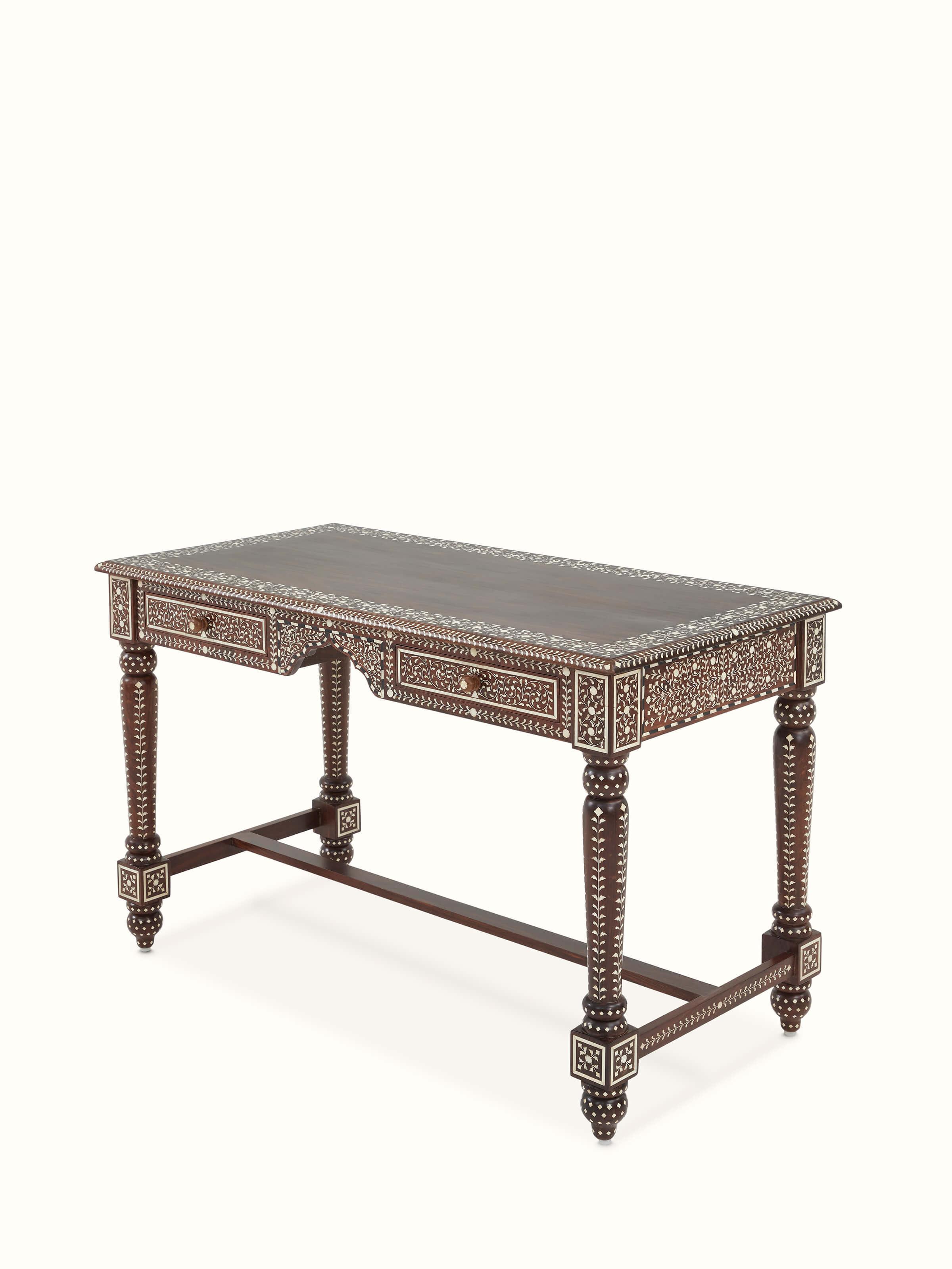 Angled view of Swadesh Bone Inlay Sheesham Wood Study Table showing fine woodwork and detailed bone inlays