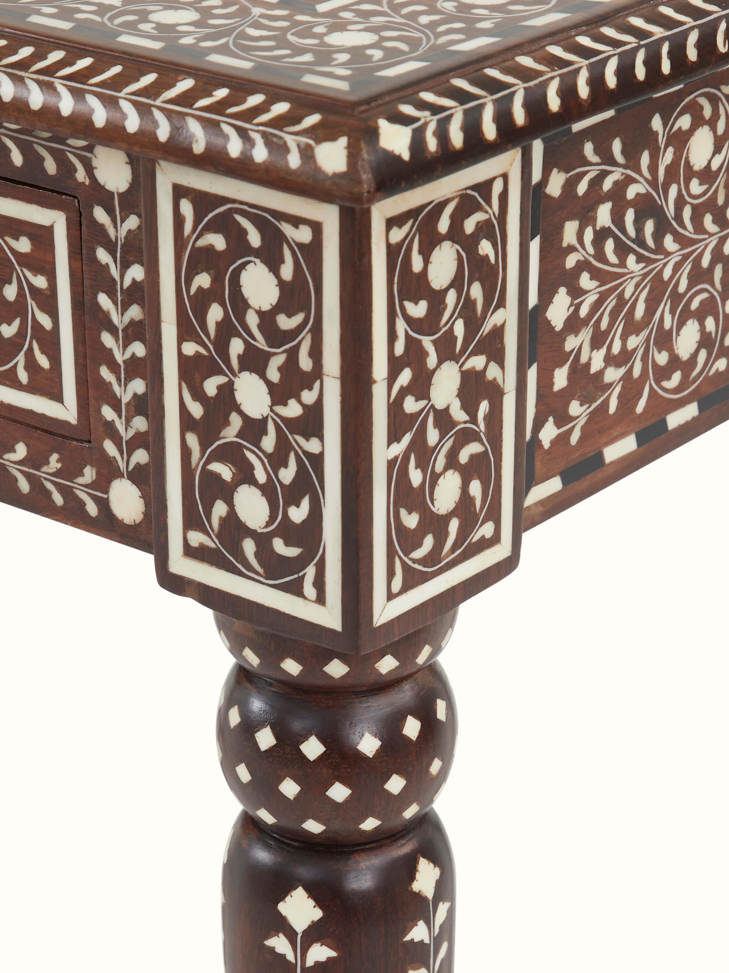 Detailed back view of Swadesh Bone Inlay Sheesham Wood Study Table emphasizing its elegant design and craftsmanship