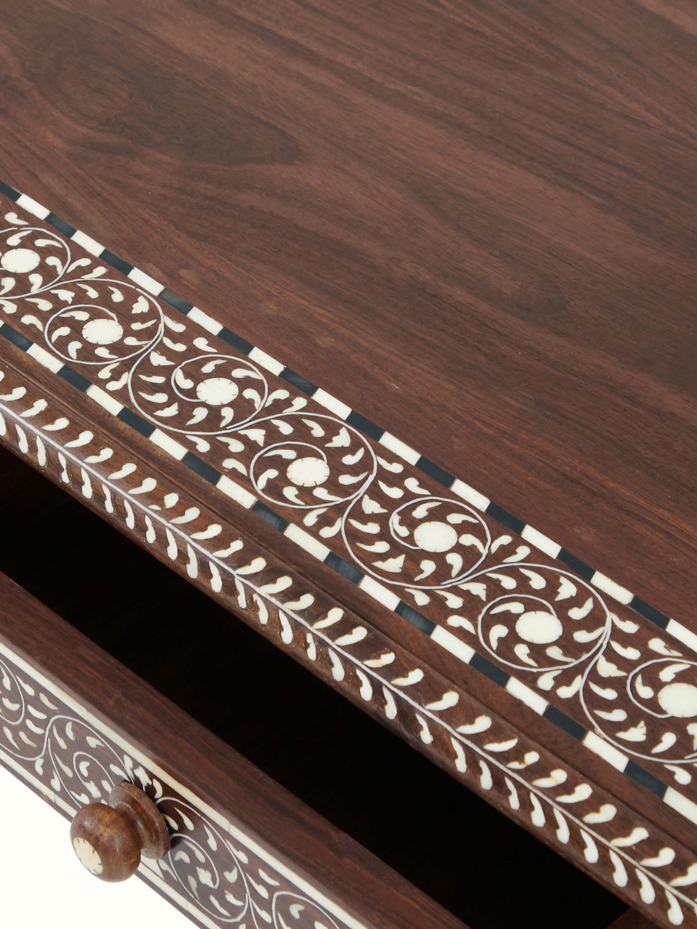 Close-up view of Swadesh Bone Inlay Sheesham Wood Study Table showcasing detailed inlays and wooden finish