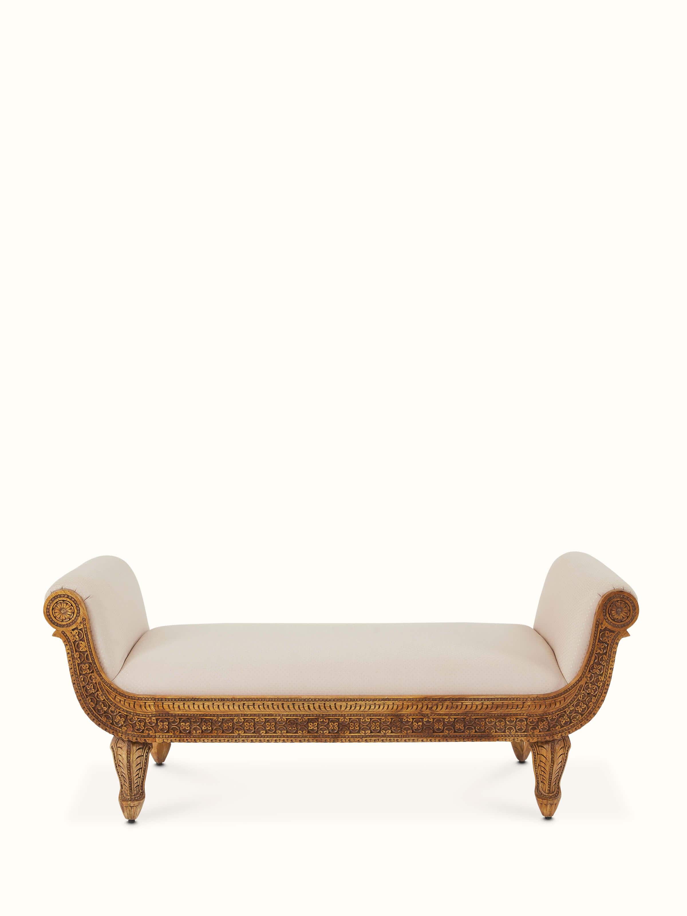 Front view of carved Sheesham wood upholstered bench, showcasing its elegant design and upholstery