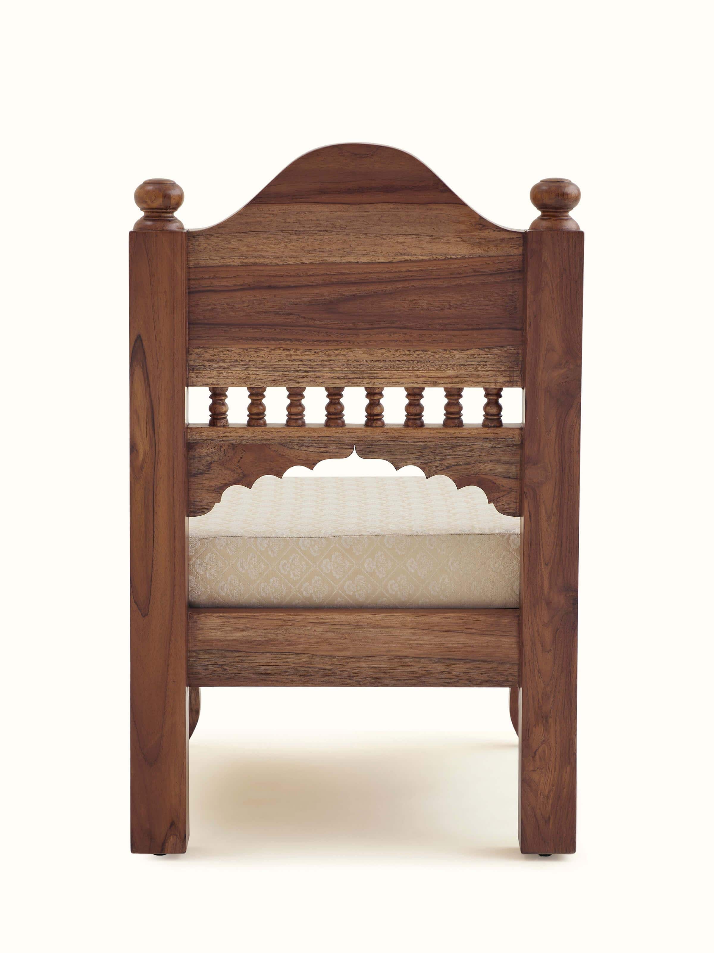 Top-down view of Carved Sheesham wood upholstered sofa, highlighting the overall design and pattern of the upholstery