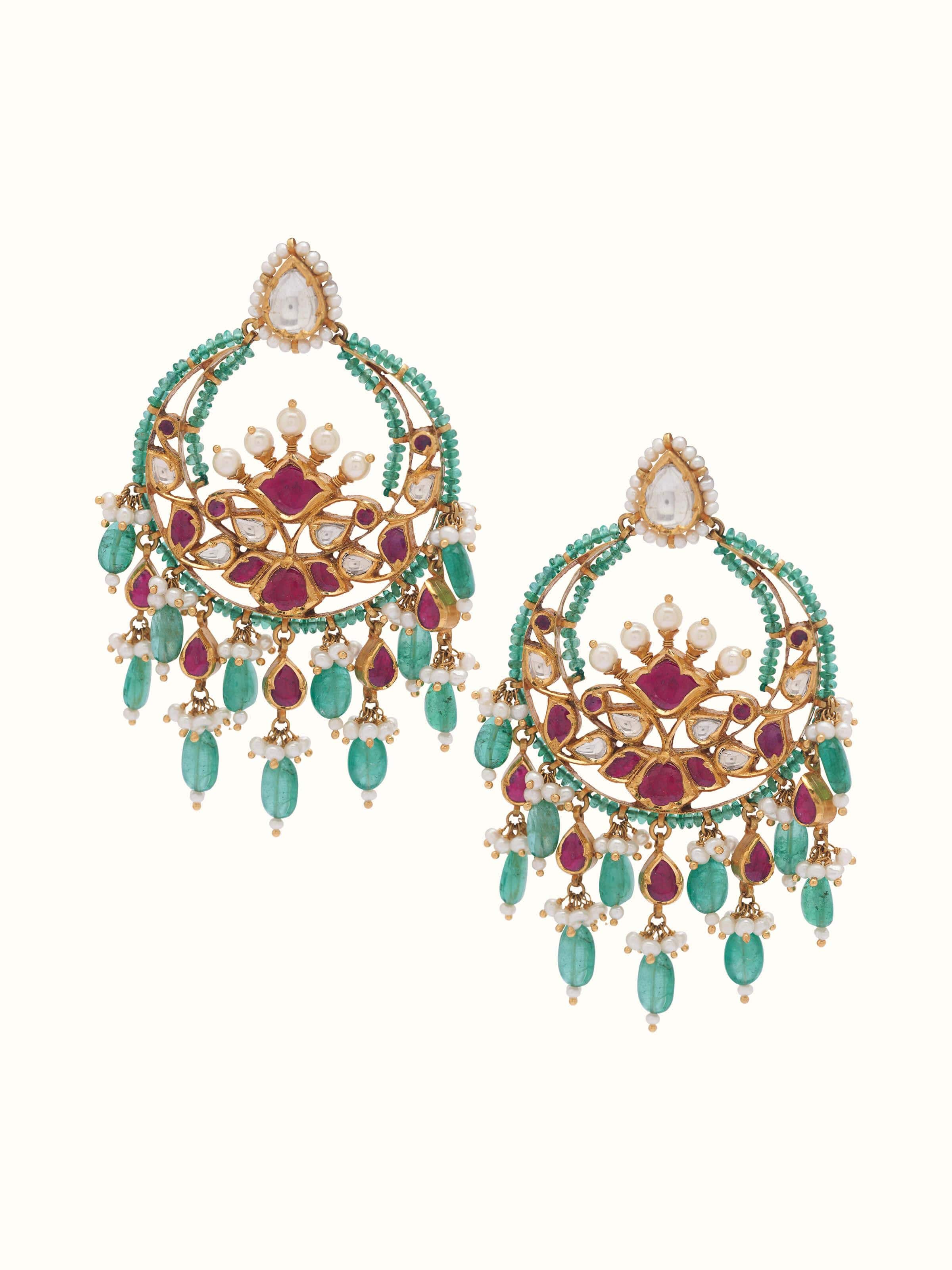 Front view of Jadau 18 Karat Gold Chandbalis with detailed craftsmanship and intricate design.