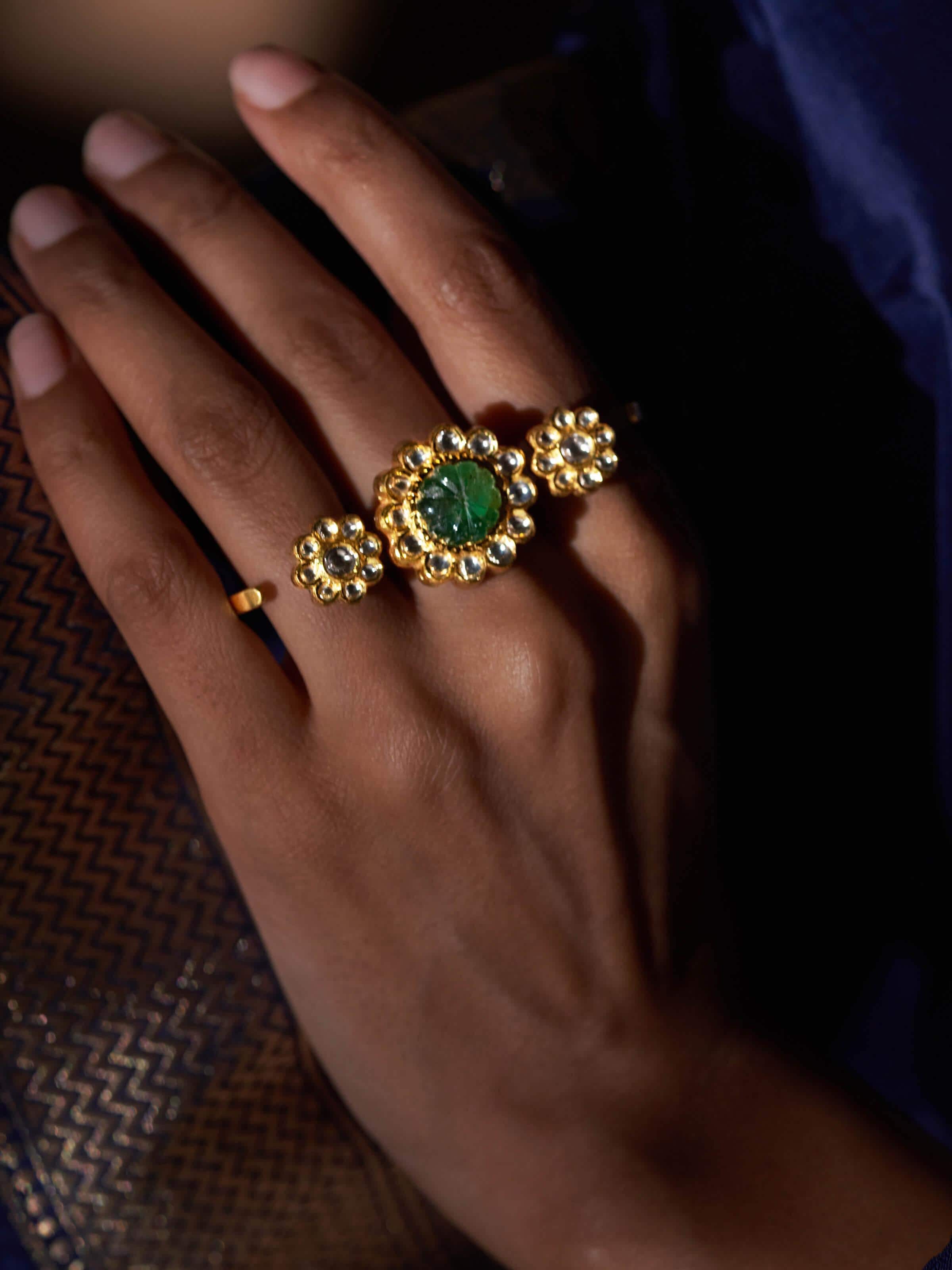 Overhead view of Jadau 18 Karat Gold 3-Finger Ring showcasing its detailed craftsmanship and design