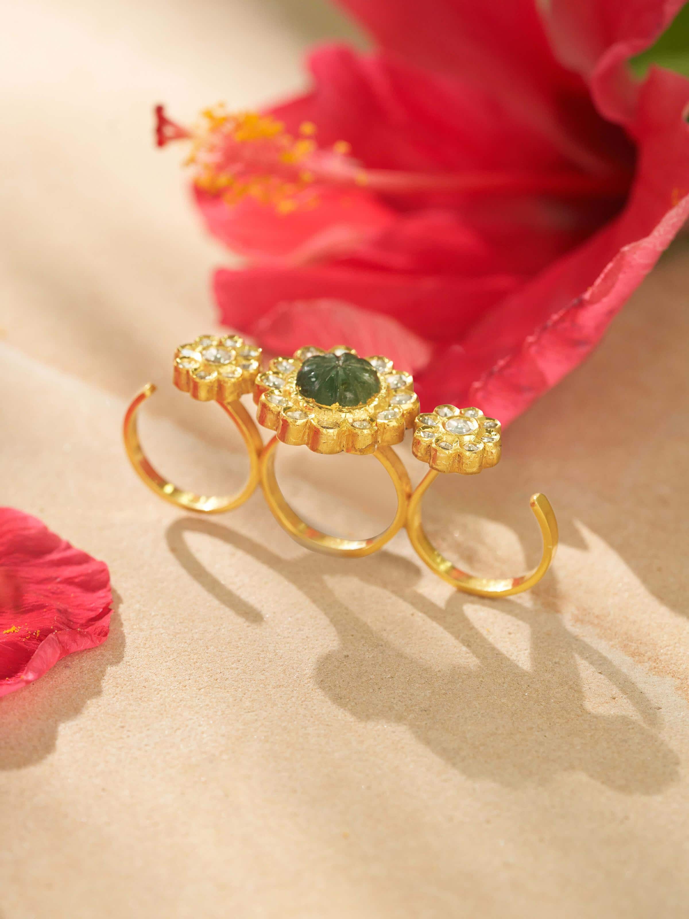 Side view of Jadau 18 Karat Gold 3-Finger Ring highlighting the detailed goldwork and unique design