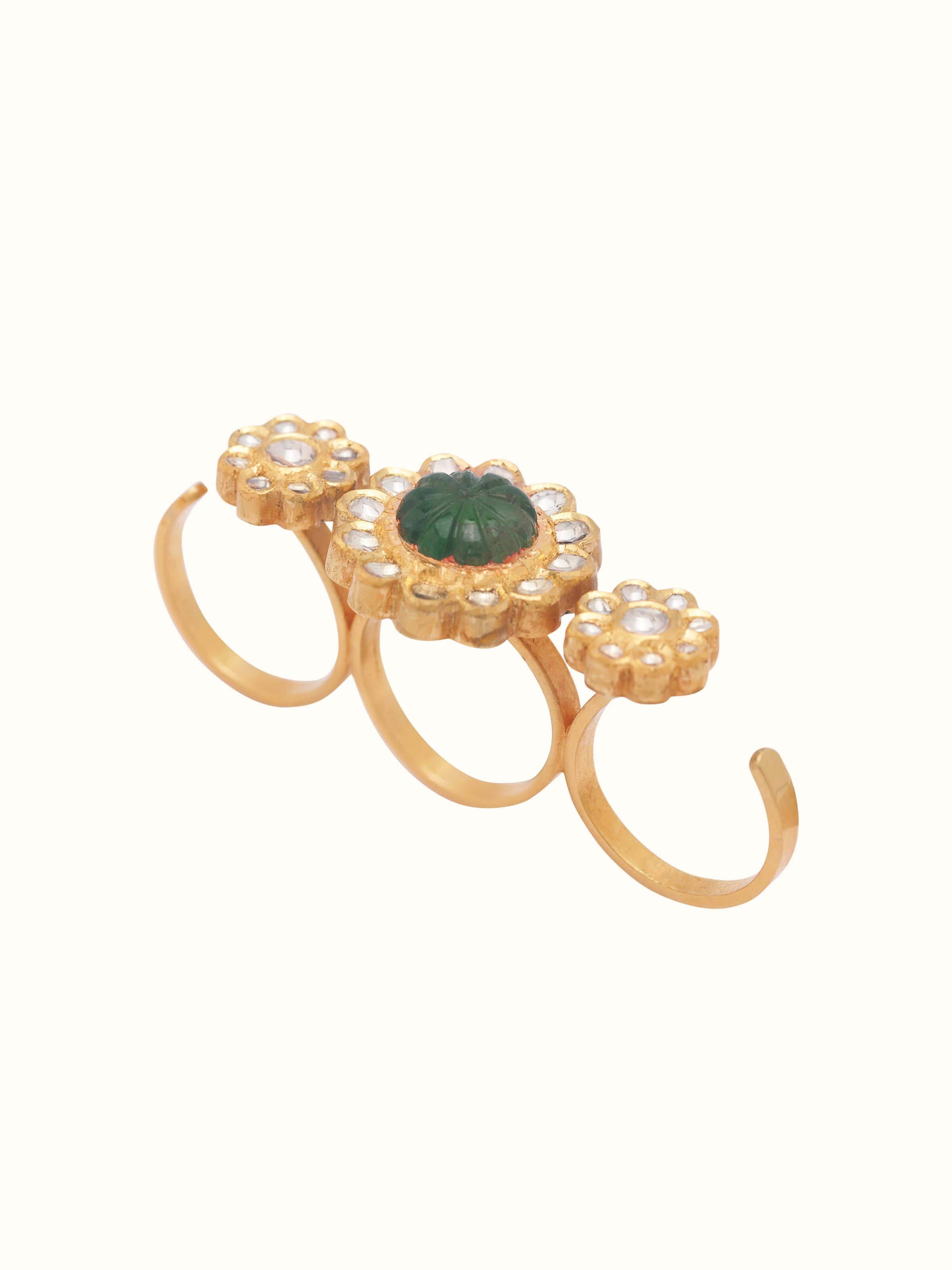 Front view of Jadau 18 Karat Gold 3-Finger Ring showcasing intricate Jadau work and luxurious gold design