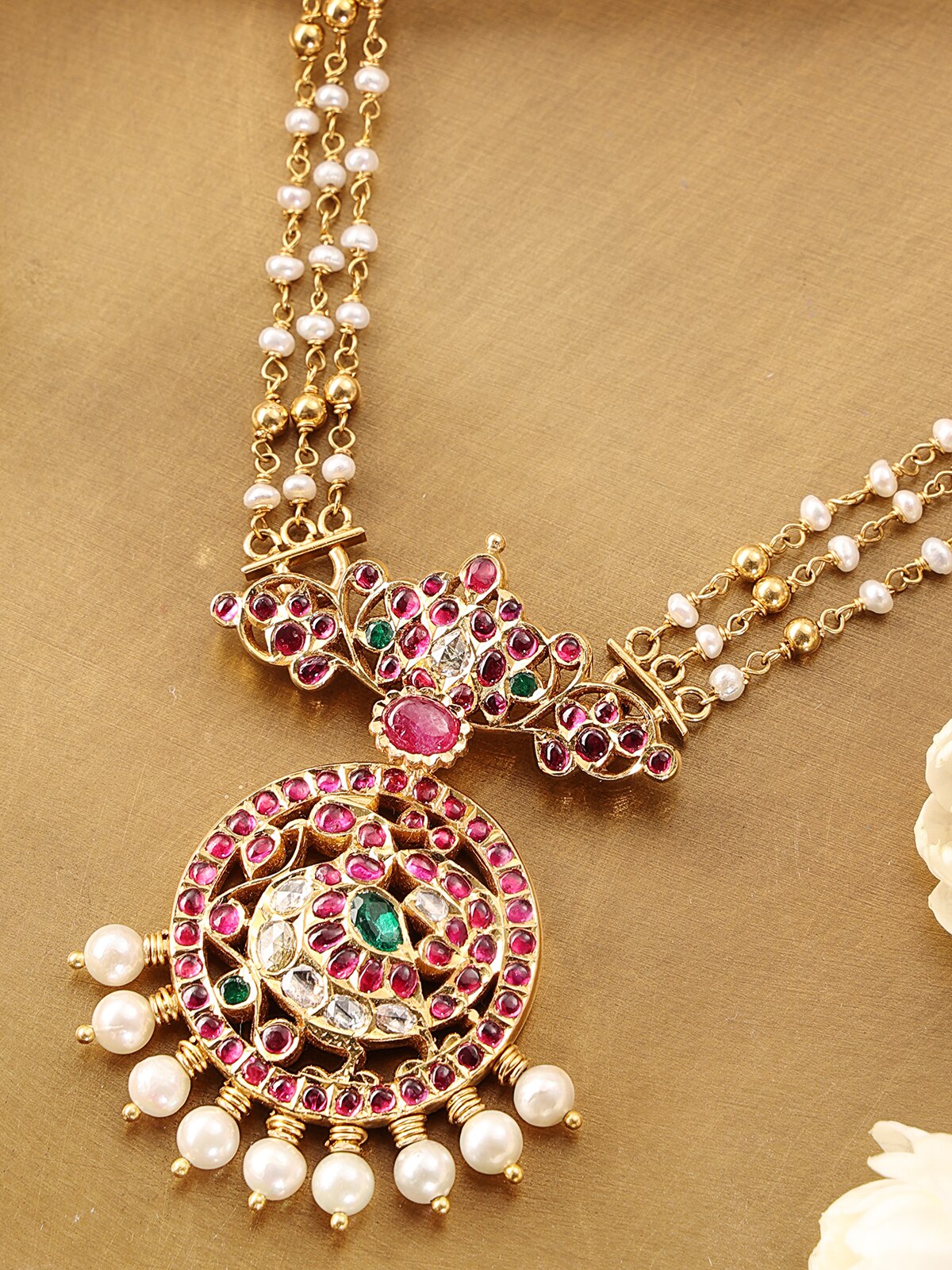 Overhead view of Kundala Velai 22 Karat Gold Collar Necklace featuring the luxurious gold design and intricate details.