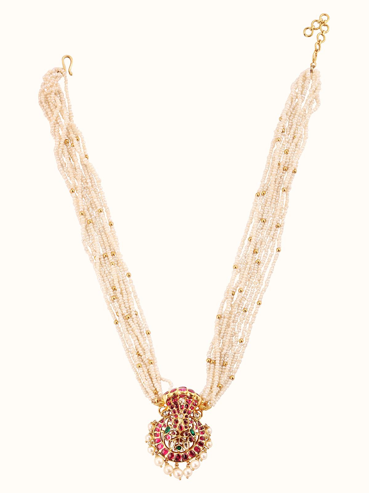 Front view of Kundala Velai 22 karat gold collar necklace highlighting its luxurious gold finish and intricate design.