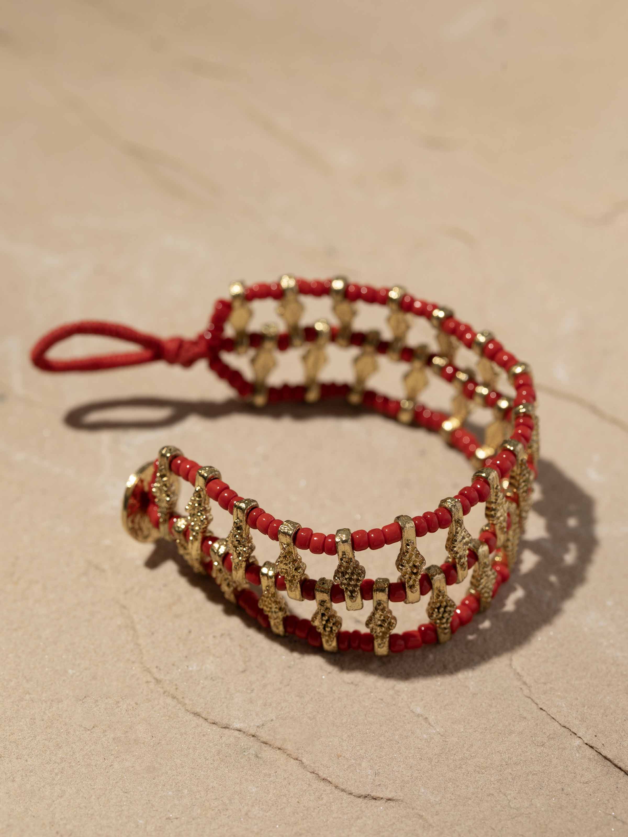 Detailed shot of handcrafted flexible bracelet focusing on design details.