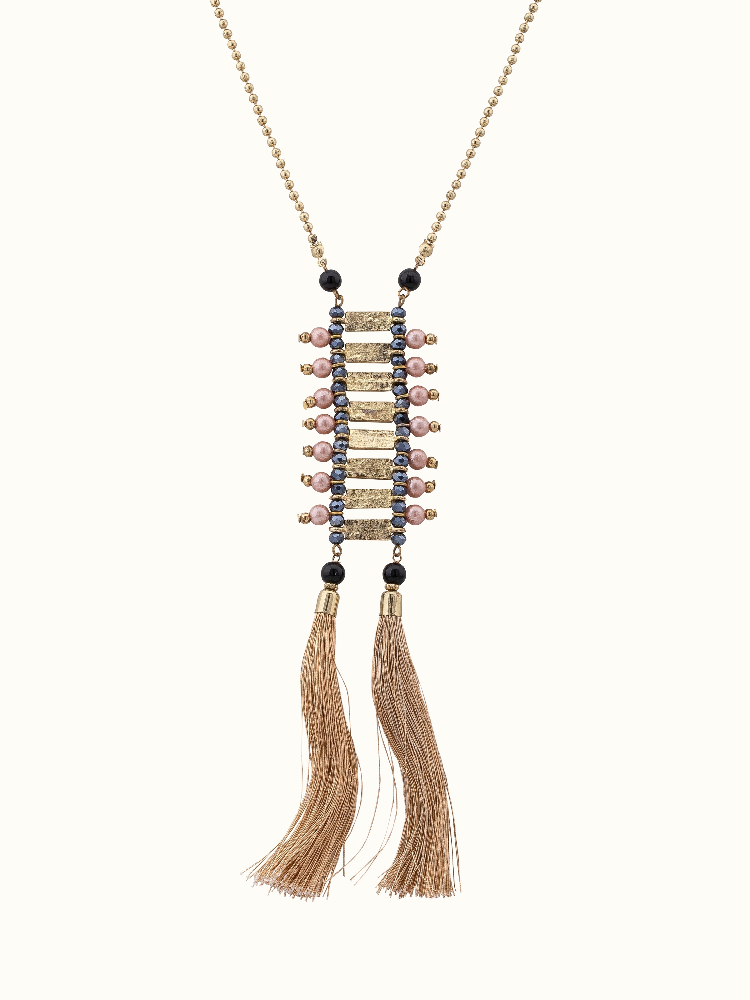 Front view of Handcrafted Long Necklace featuring detailed beadwork and intricate designs, styled for elegance.