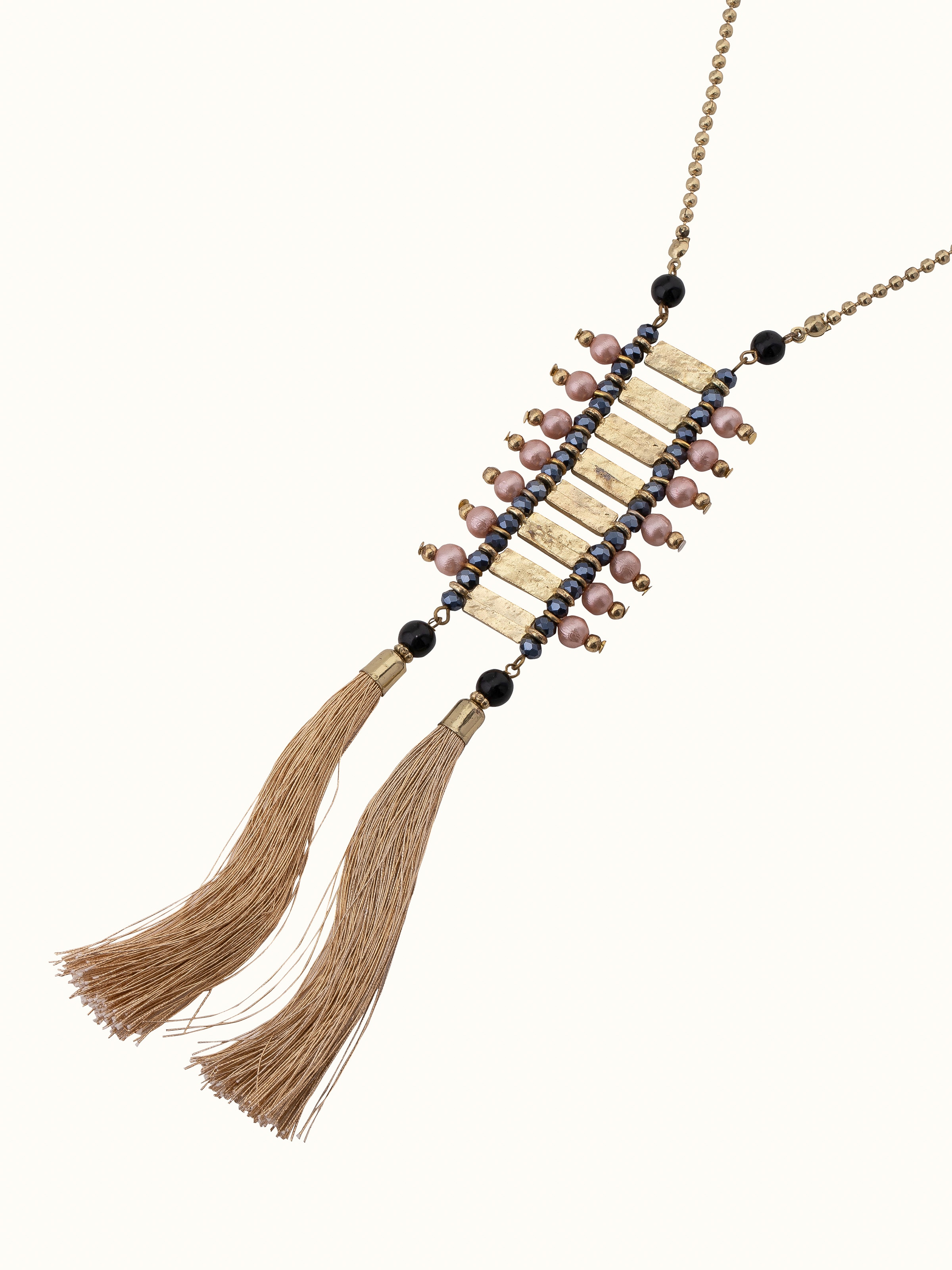 Overhead view of Handcrafted Long Necklace emphasizing the symmetrical pattern and handcrafted details.