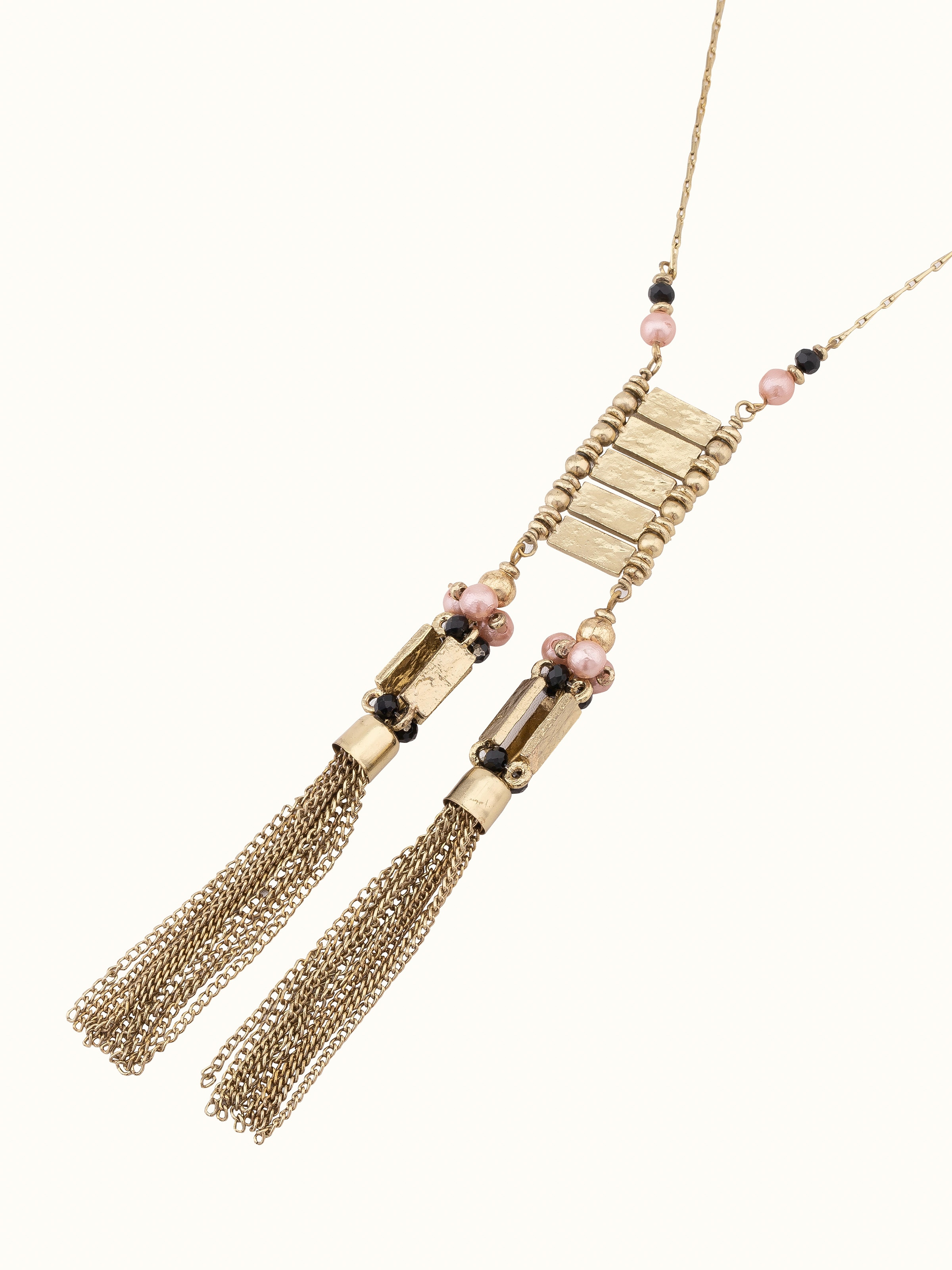 Angled view of Handcrafted Long Necklace showcasing the overall design and detailed work.