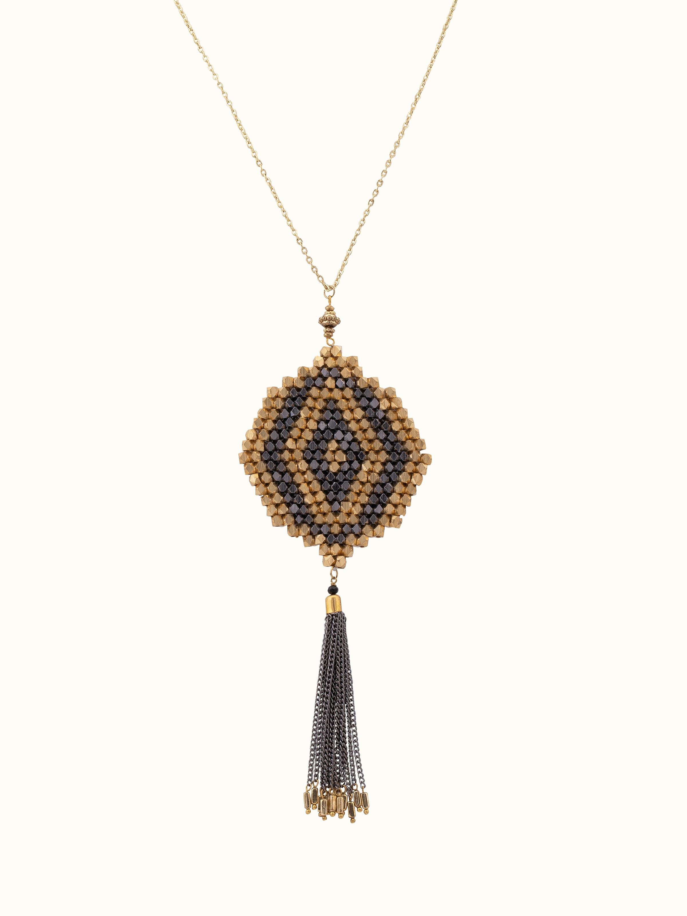 Front view of handcrafted long necklace showcasing its elegant design and intricate beads