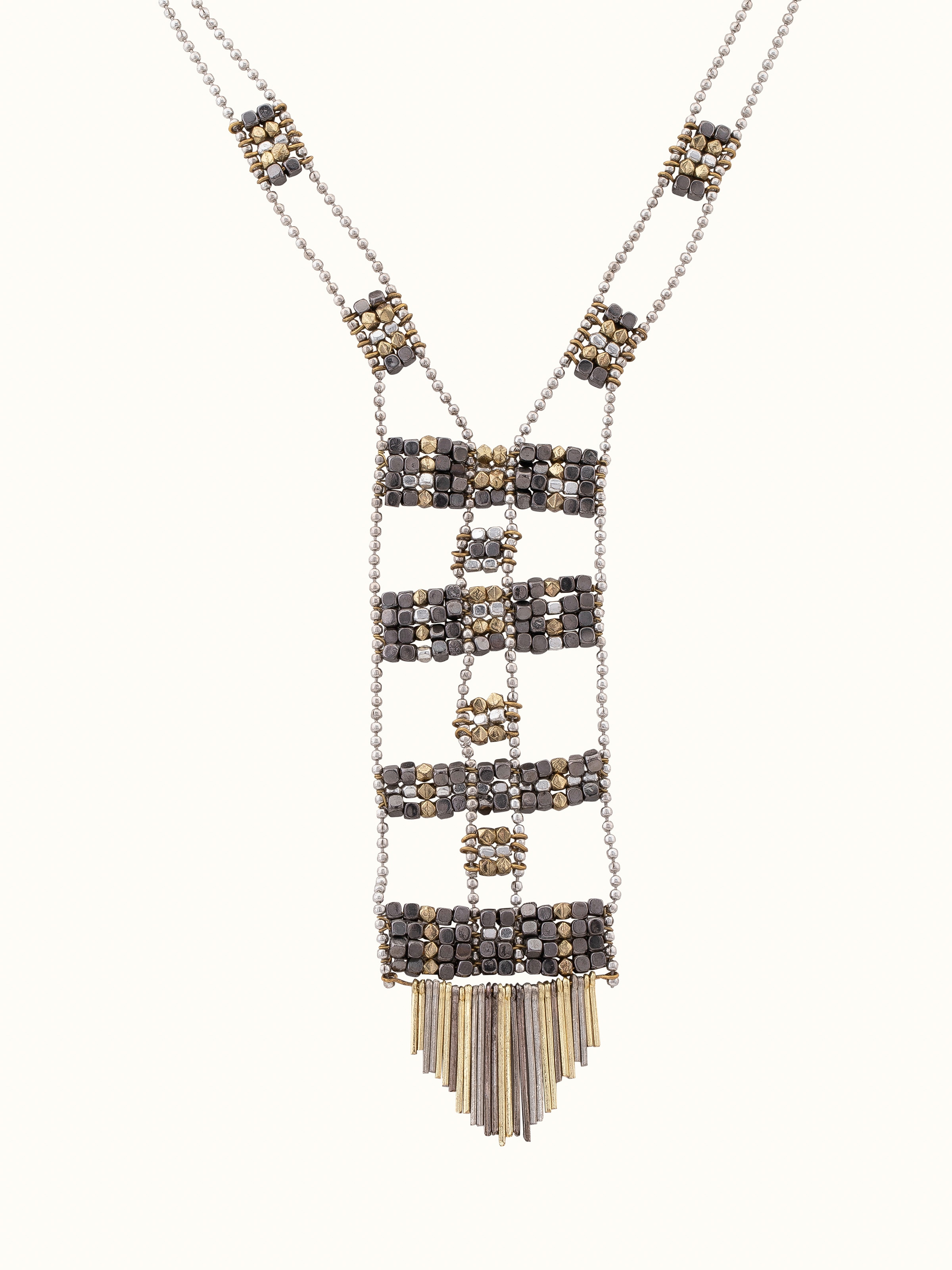 Front view of Handcrafted long necklace highlighting unique design and detailed craftsmanship