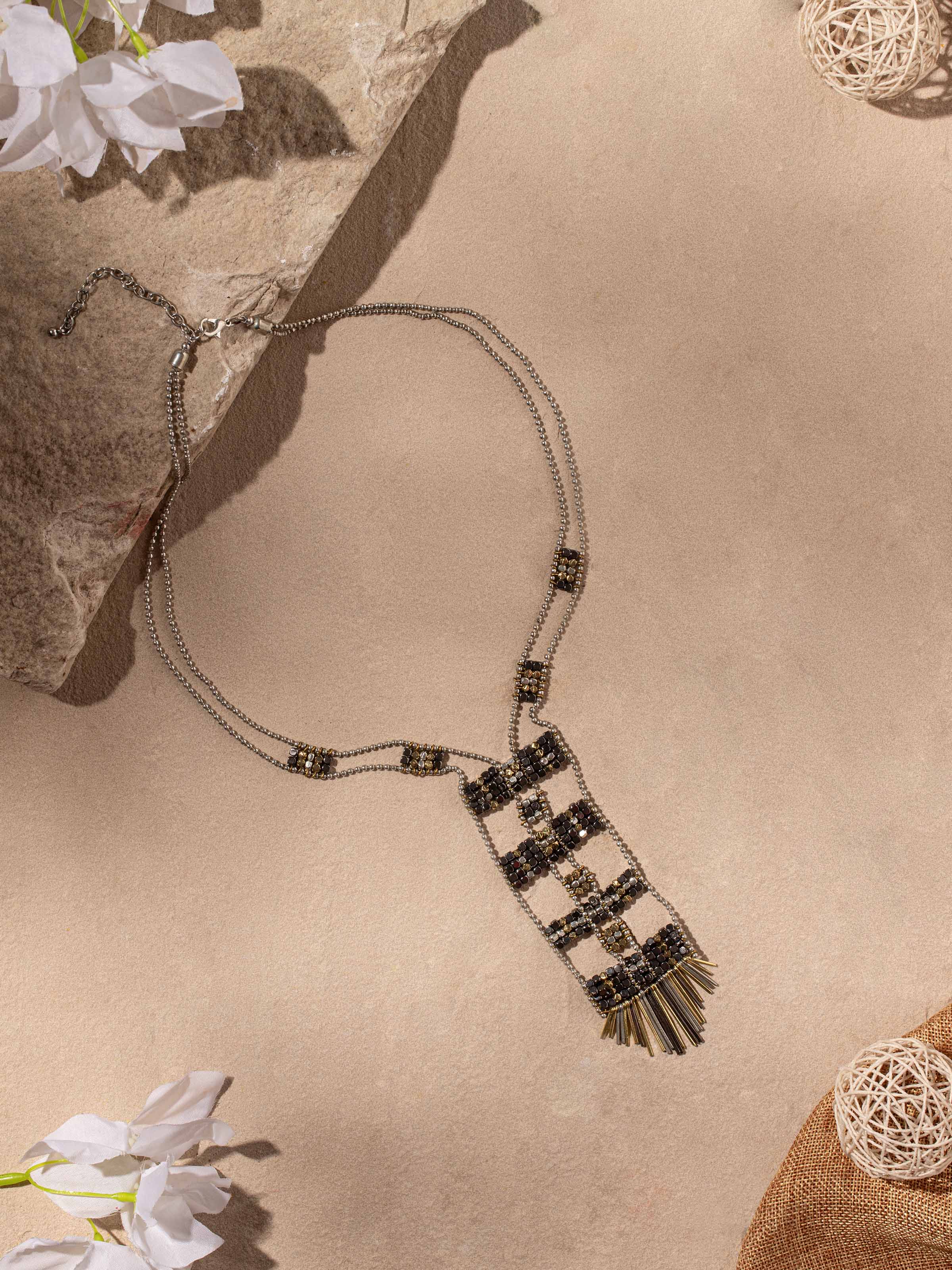Close-up view of Handcrafted long necklace emphasizing fine craftsmanship and unique style