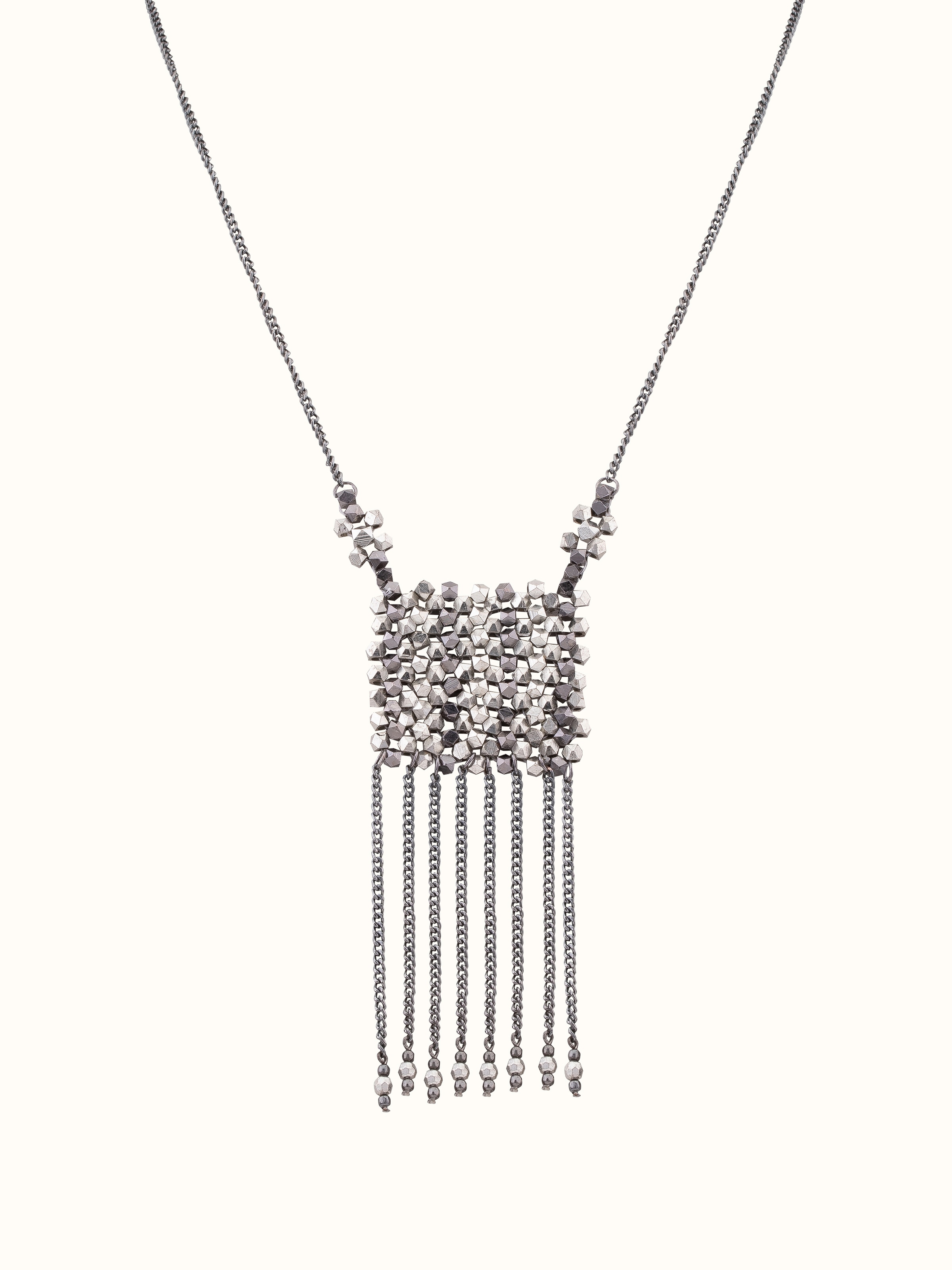 Front view of handcrafted long necklace showcasing elegant design and craftsmanship