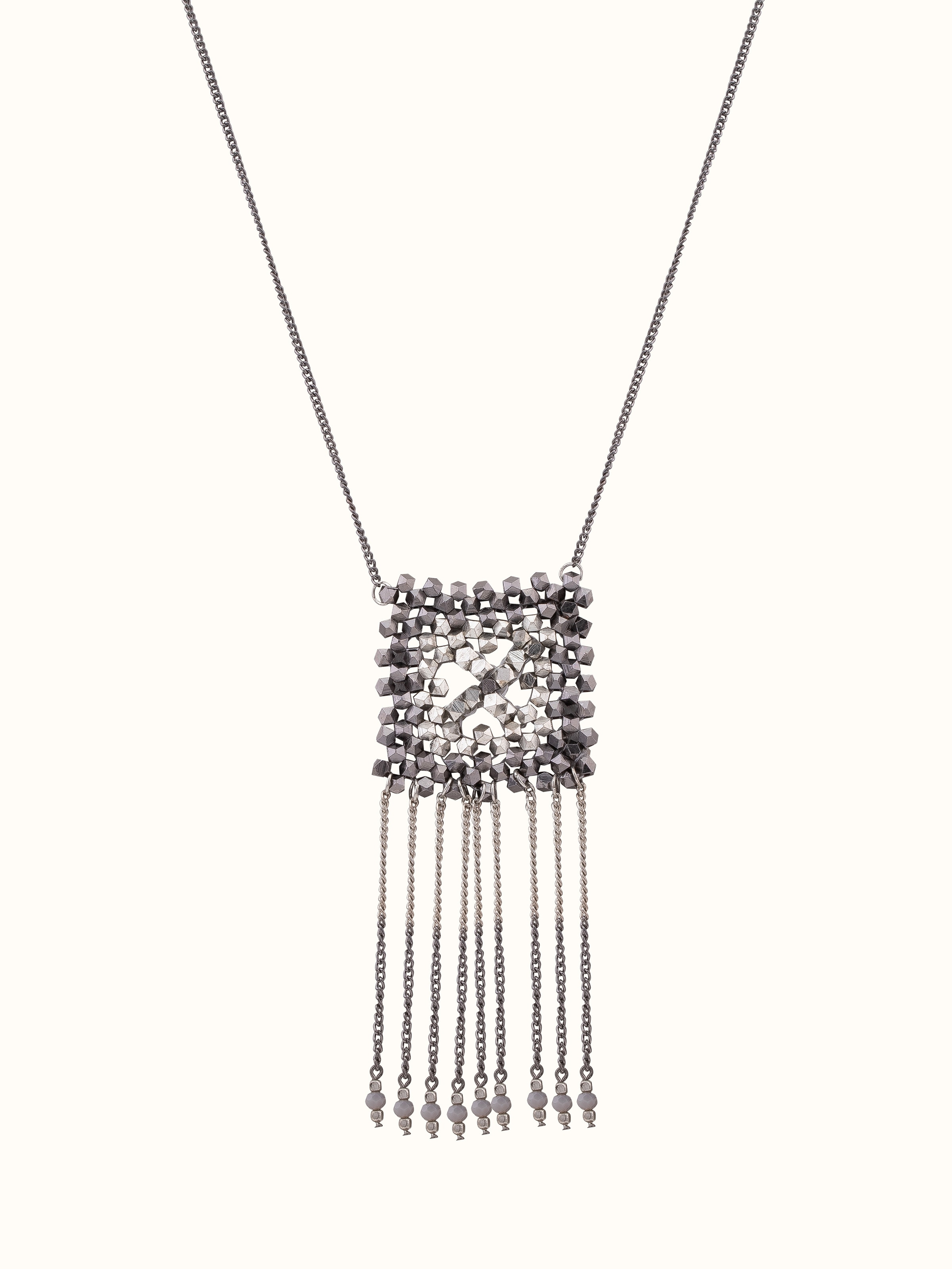 Front view of Handcrafted long necklace showcasing its elegant design and detailed craftsmanship