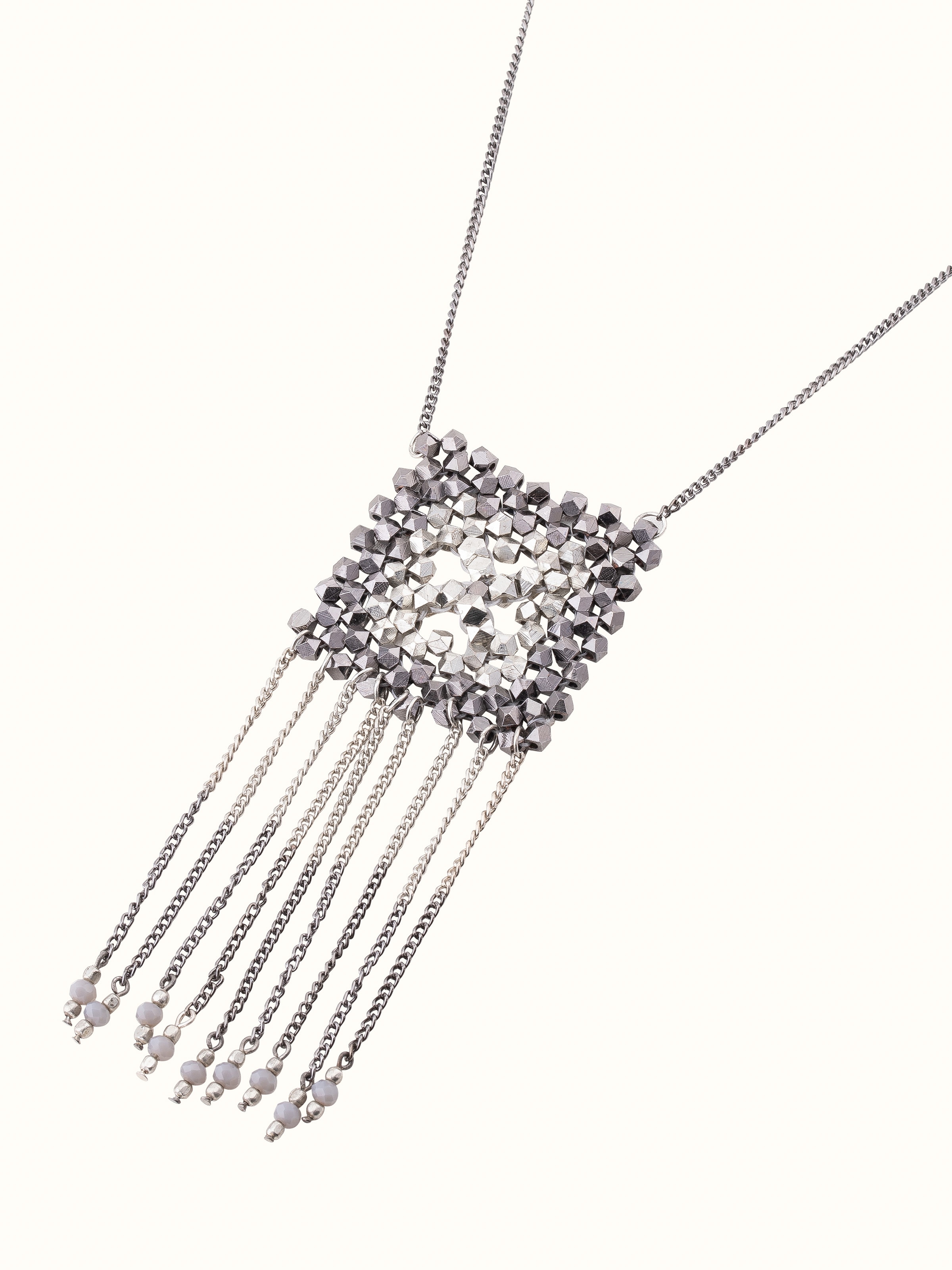 Angled view of Handcrafted long necklace showcasing its sophisticated design and detailed work