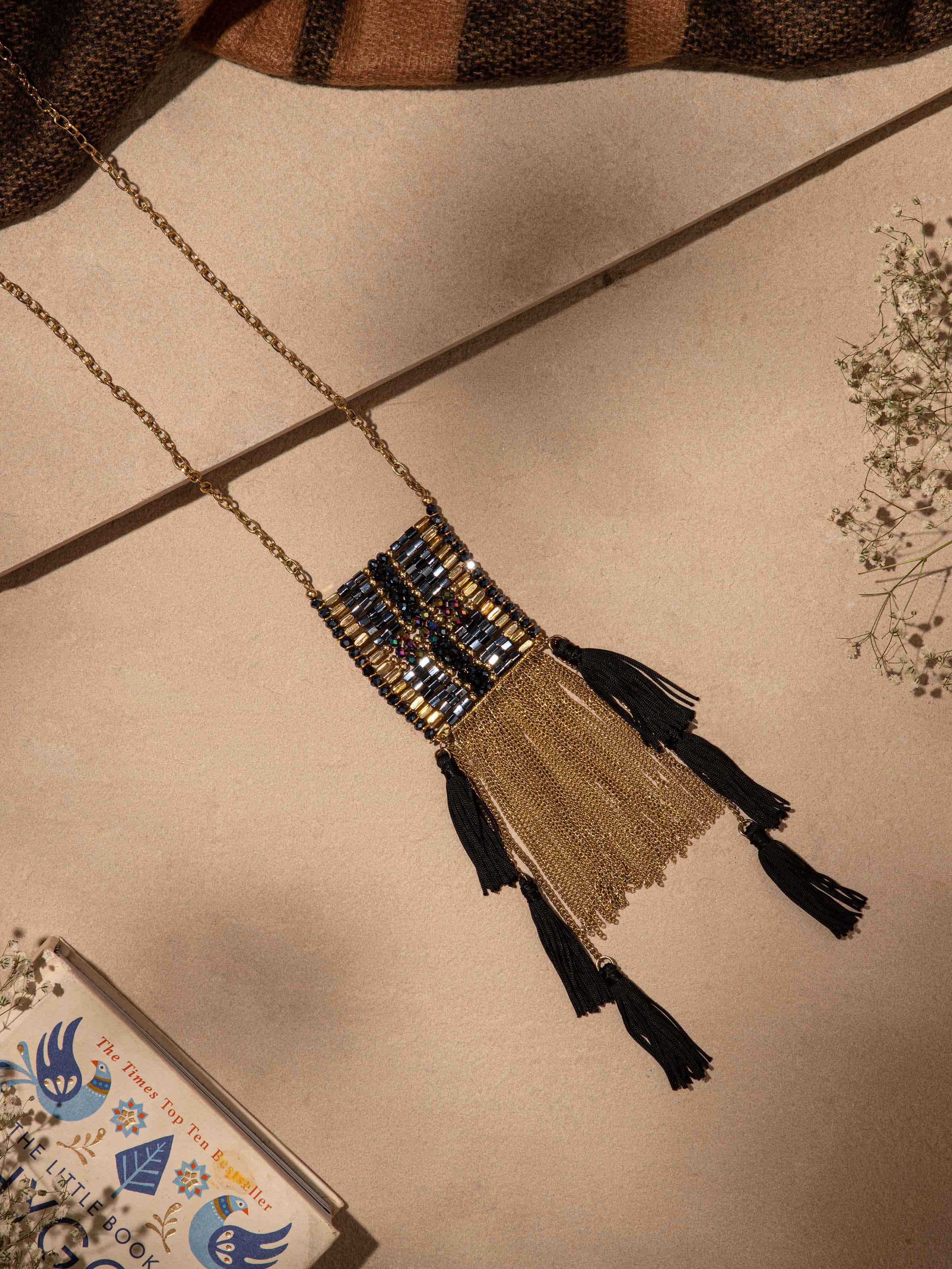 Close-up view of Handcrafted long necklace emphasizing fine craftsmanship and unique style