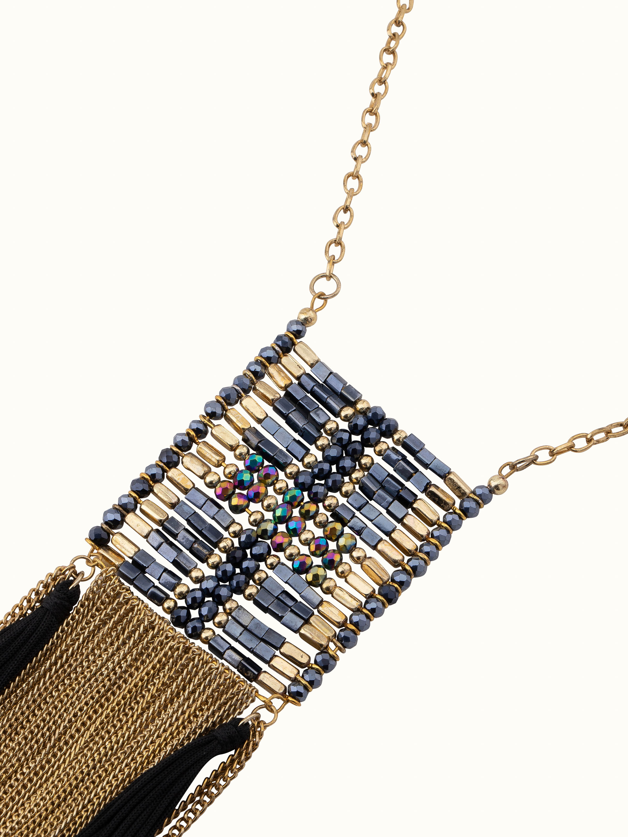 Angled view of Handcrafted long necklace showcasing elegant design and intricate details