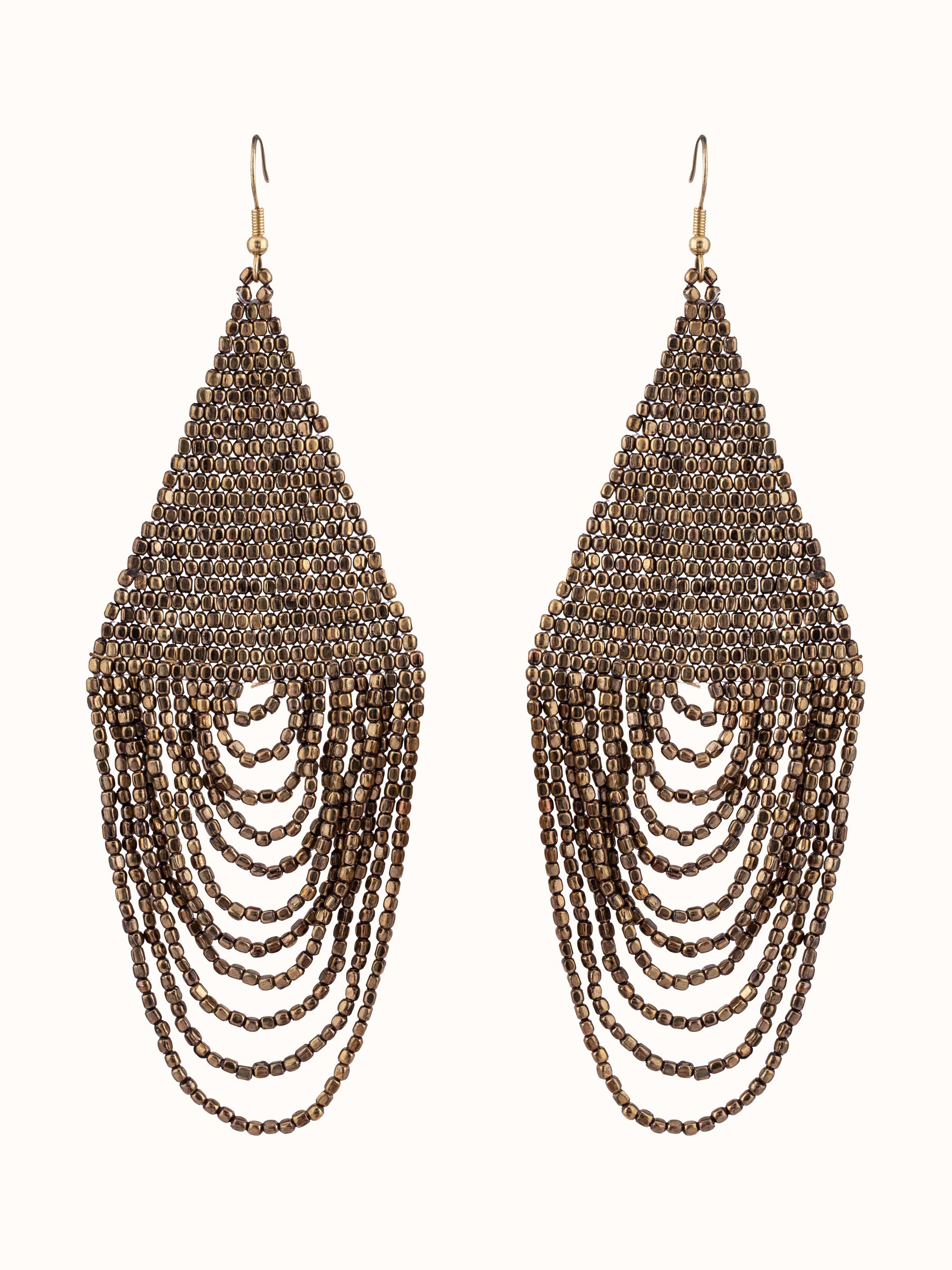 Front view of handcrafted drop earrings showcasing unique design and craftsmanship.