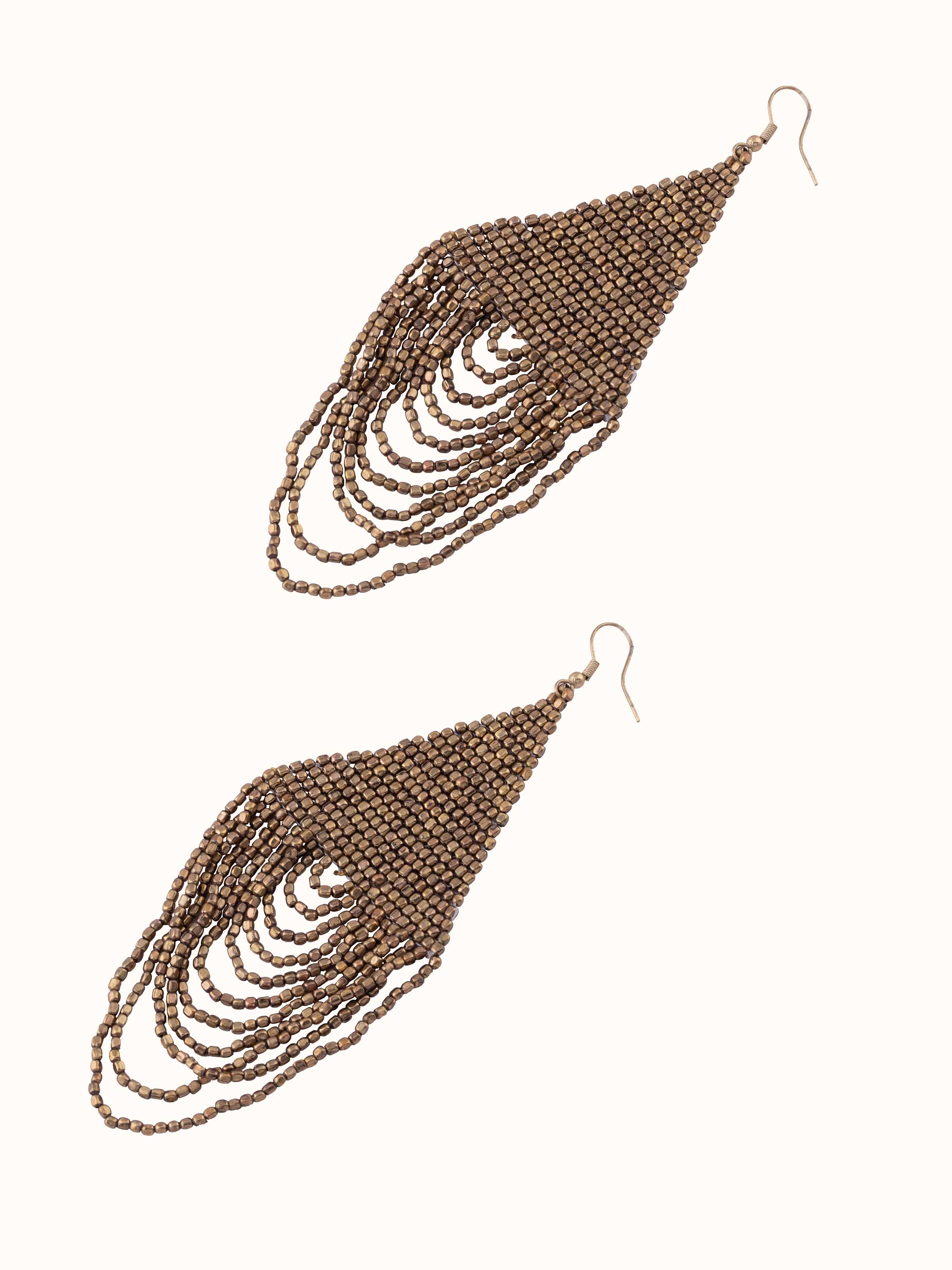Overhead view of handcrafted drop earrings showing the full length and design.