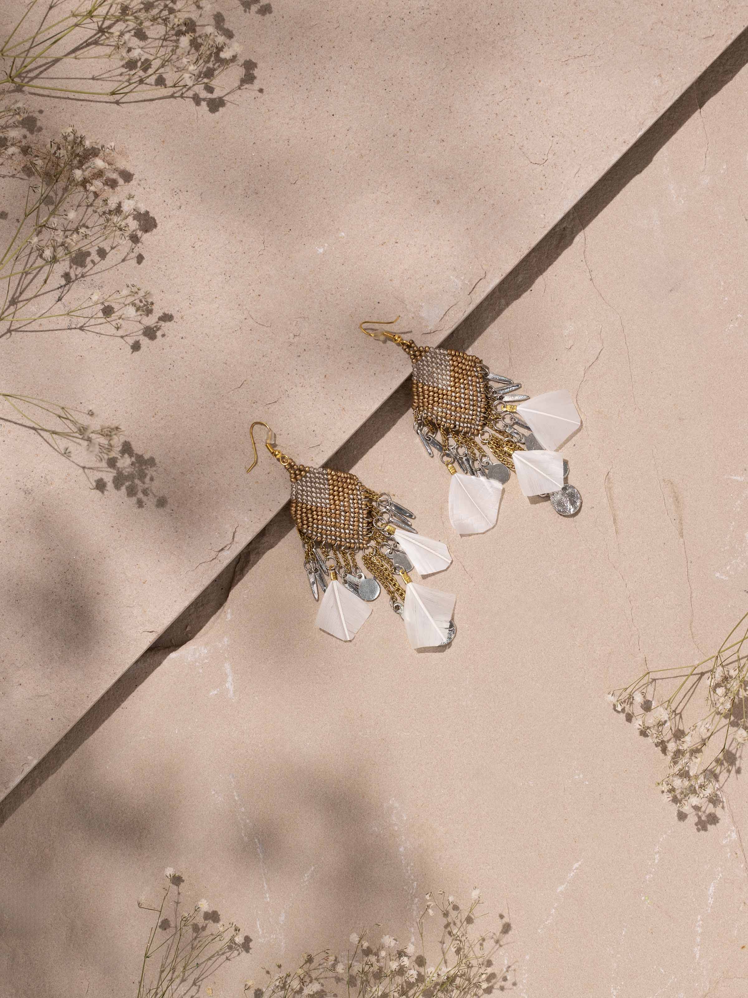 Close-up of Handcrafted Drop Earrings showing the fine artistry and materials used.